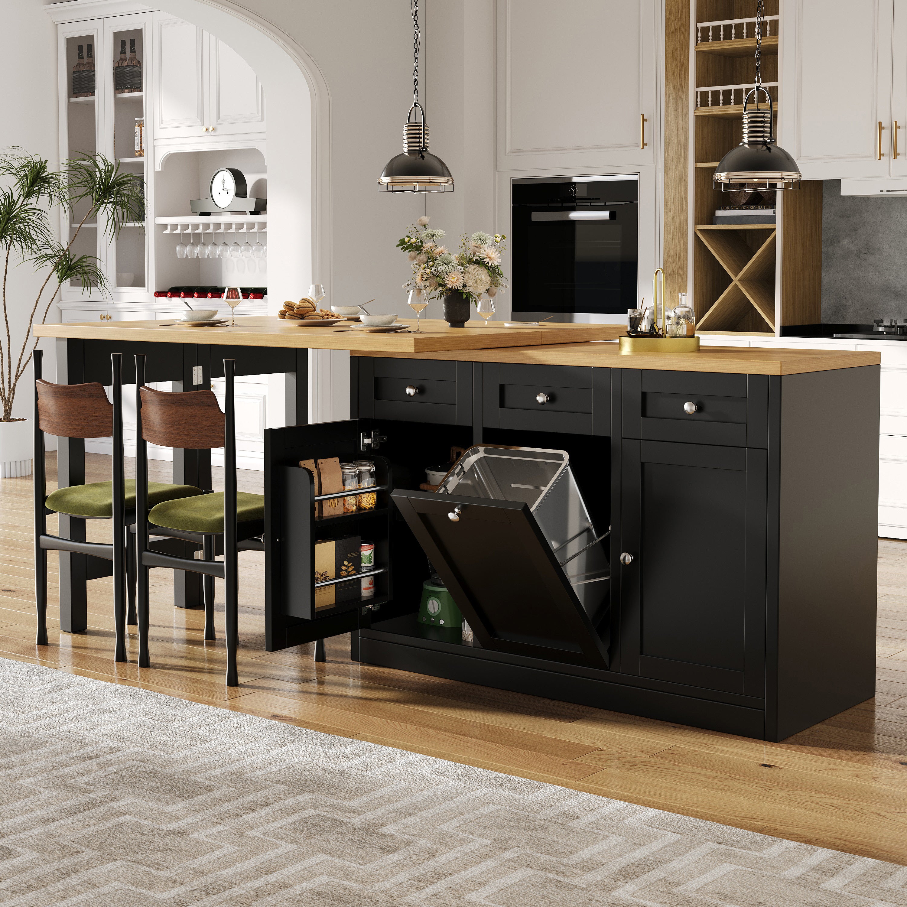 Extendable bar table with storage space, fold-out dining table with drawer and snack tray, pull-out bin holder (bin not included), space-saving design for small flats, kitchens, balconies,
Black