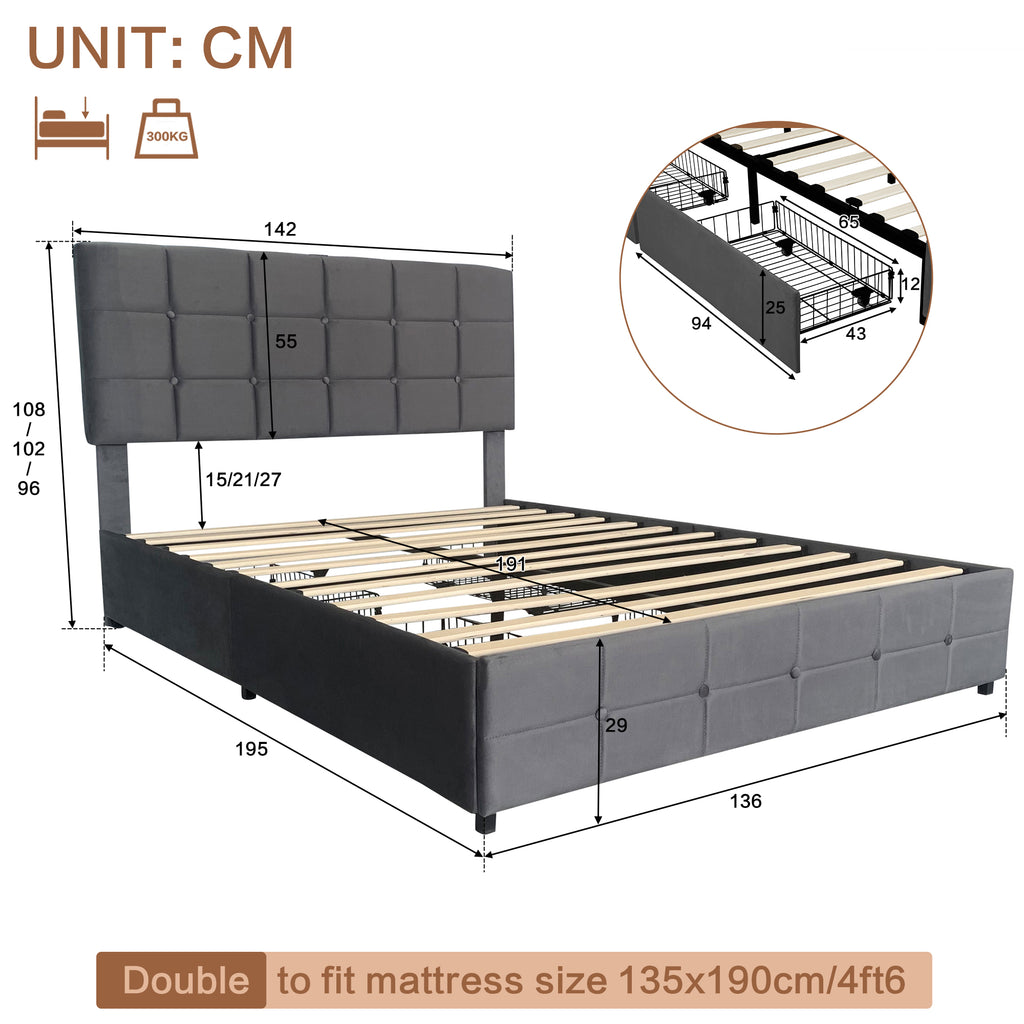 4ft6 Double Upholstered Bed with 4 Storage Drawers, Velvet Bed Frame with Charging Station. Adjustable Button Tufted Headboard with USB and Type - C Ports, No Box Spring Needed, Grey (No Mattress)