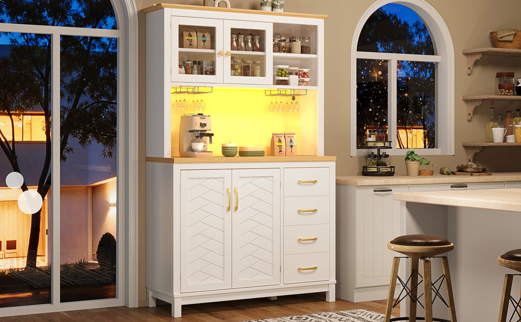 Sideboard / Storage Cabinet / Kitchen Cabinet / Buffet Cabinet, 105.5x40x180cm, Farmhouse Style, 4 Doors, with LED Light Strip & Drink Holders, White