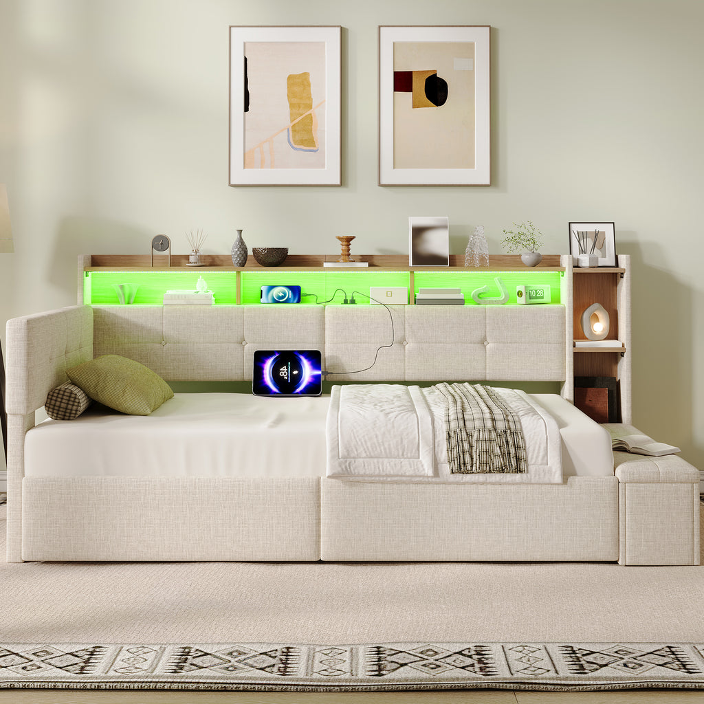 3ft Single LED Daybed with Storage Drawers and Bed End Ottoman Storage, Modern Linen Sofa Bed with Charging Station for Living Room/ Bedroom/ Study Room, 90X190cm, Beige (No Mattress)