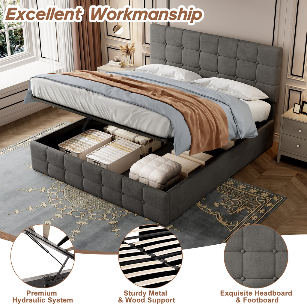 4ft6 Double Upholstered Storage Bed Frame, Velvet Ottoman Bed with Hydraulic Storage, Double Bed with Adjustable Button Tufted Headboard, Metal-Wood Support, No Mattress, Grey