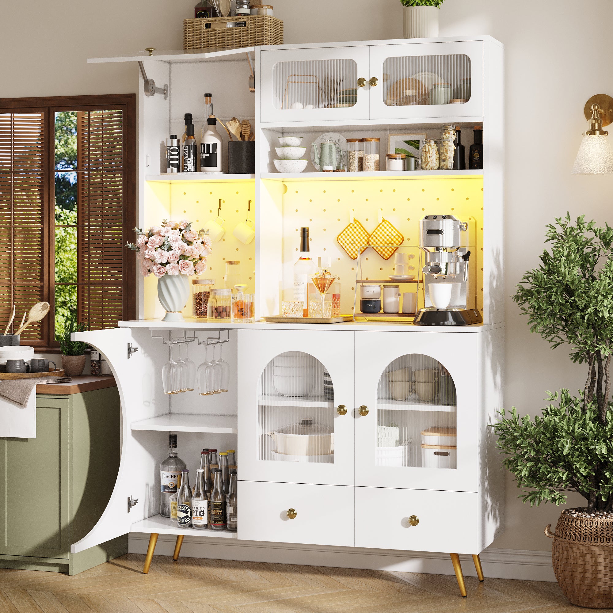 Tall Kitchen Cabinet with LED Lights & USB Ports, Modern Sideboard Storage Cabinet with Power Outlets, Perforated Wall, Drawer & Glass Shelves, for Kitchen & Living Room, 120x40x176 cm, White