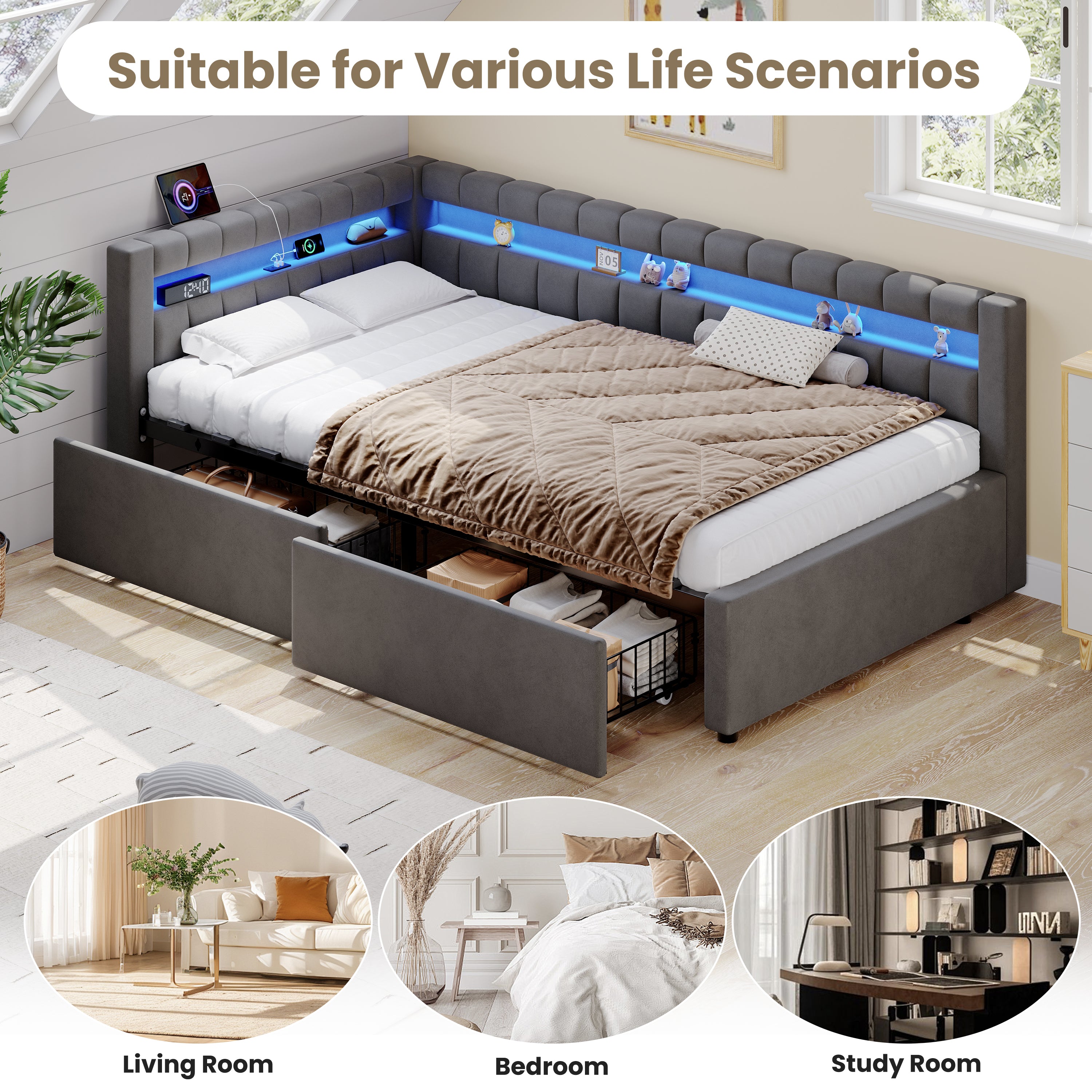 3ft Single Daybed with Two Storage Drawers, LED Modern Channel Tufted Bed Frame with Charging Station, Velvet Sofa Bed for Living Room/ Bedroom/ Study Room, 90X190cm, Easy Assembly, Grey(No Mattress)