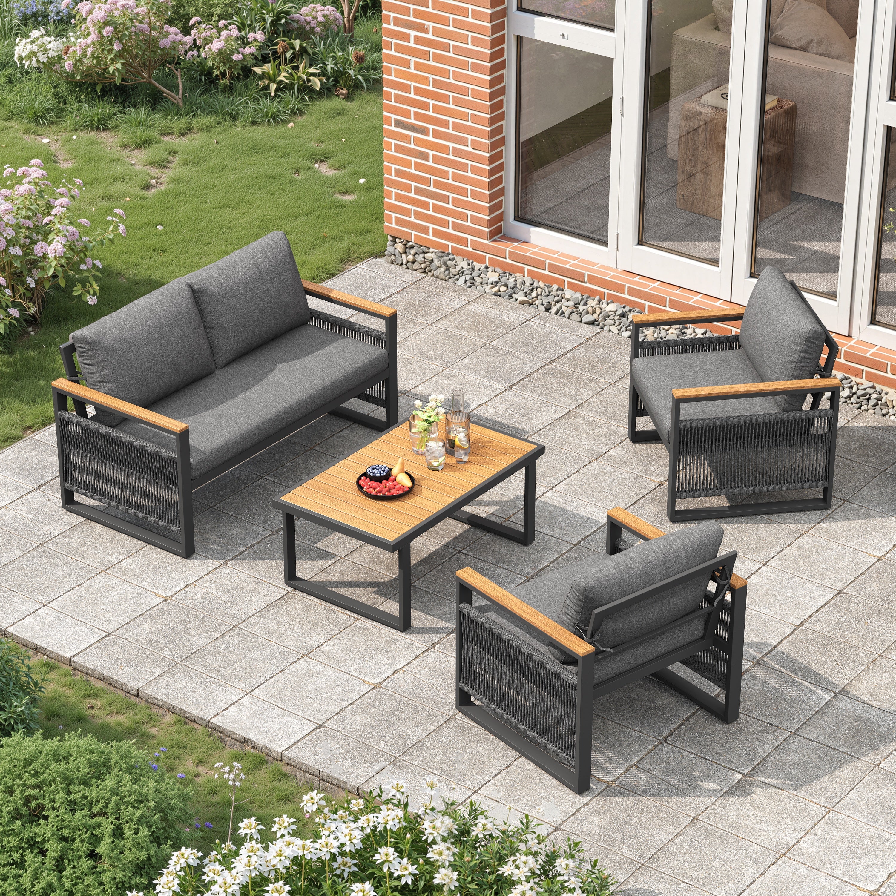 4 Seater Garden Set with Plastic Wood Coffee Table & Handrail, Polyester Rope Outdoor Set with Sofa and Armchairs, Weatherproof Outdoor Patio Sofa for Balcony and Terrace, Linen, Grey