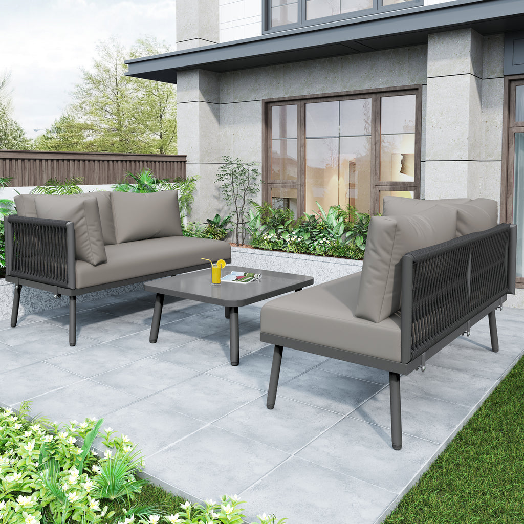 Outdoor Patio&Backyard Furniture Garden Lounge Set for 4-5 people, Thick Quality Space Saving L-Shaped Corner Sofa with Glass Coffee Table, Grey