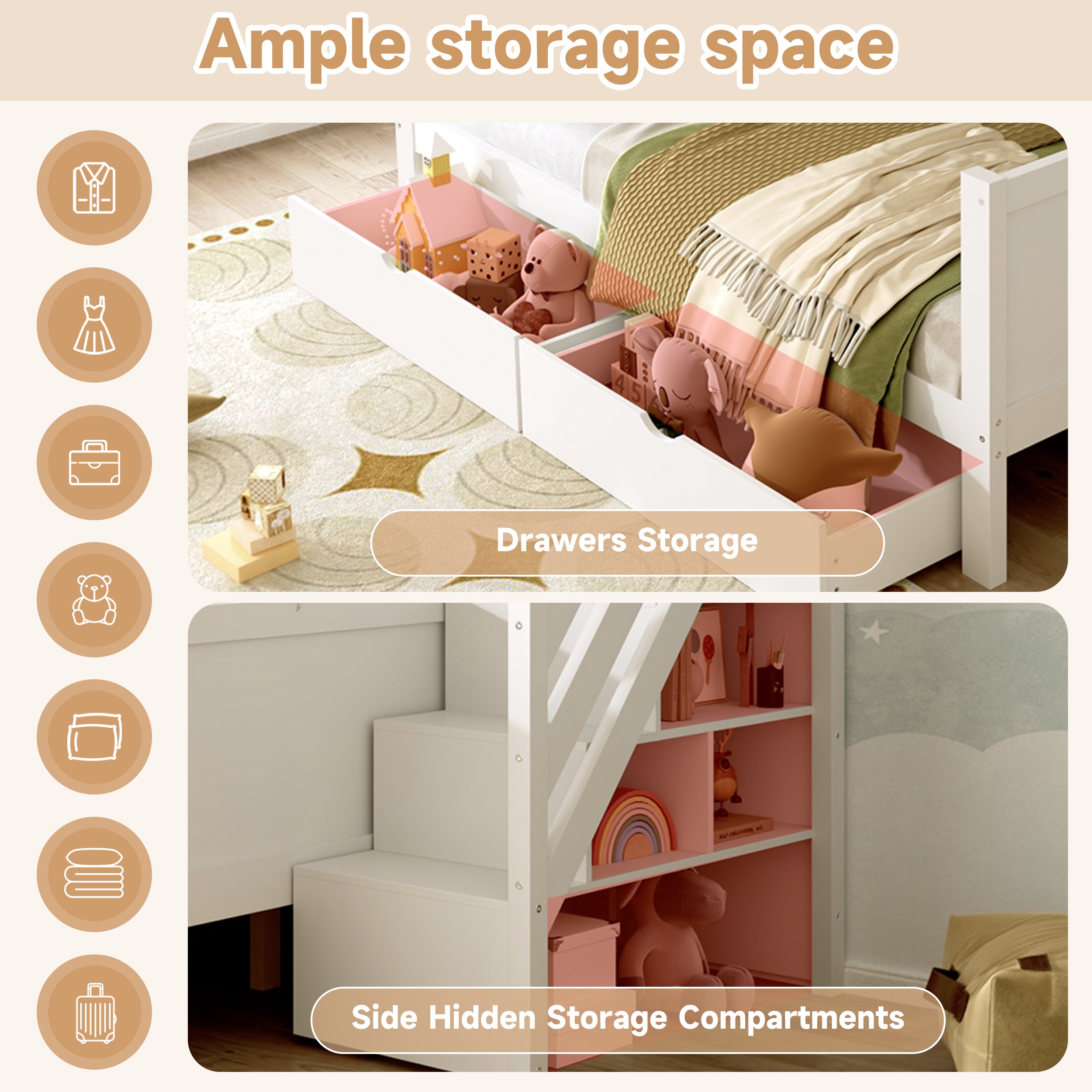 Bunk Bed with Two Storage Drawers and Side Hidden Storage Compartments, Solid Wood Loft Bed Frame with Space-Saving Design, Safety Guardrails & Staircase, Star and Moon Motifs, White (No Mattress)