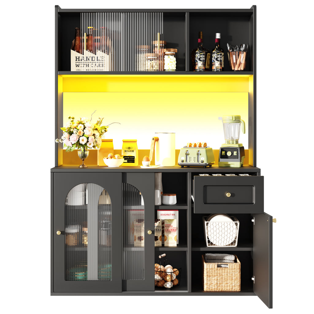 Kitchen Cabinet(120*35*167cm), Tall Cabinet, Display Cabinet, Buffet Cabinet with Adjustable Shelves, Dining Room Cabinet, Sideboard with LED Lighting, White/Black