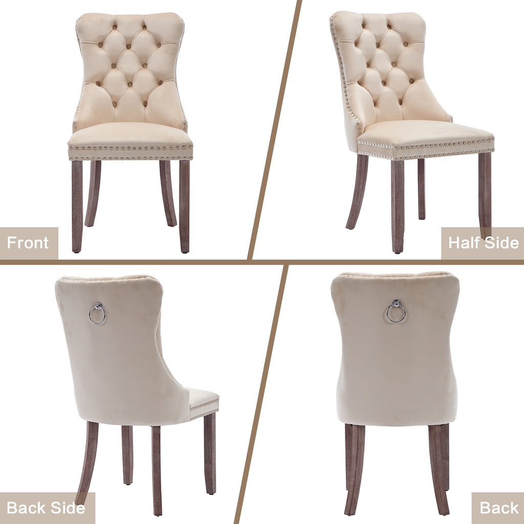 (Old SKU: PP311356AAW-6) Modern Set of 6 Upholstered Velvet Dining Chairs, Button Tufted Kitchen Lounge Chairs with Brushed Wood Legs, Riveted Trim and Knocker Ring, for Dining Room Living Room, Beige