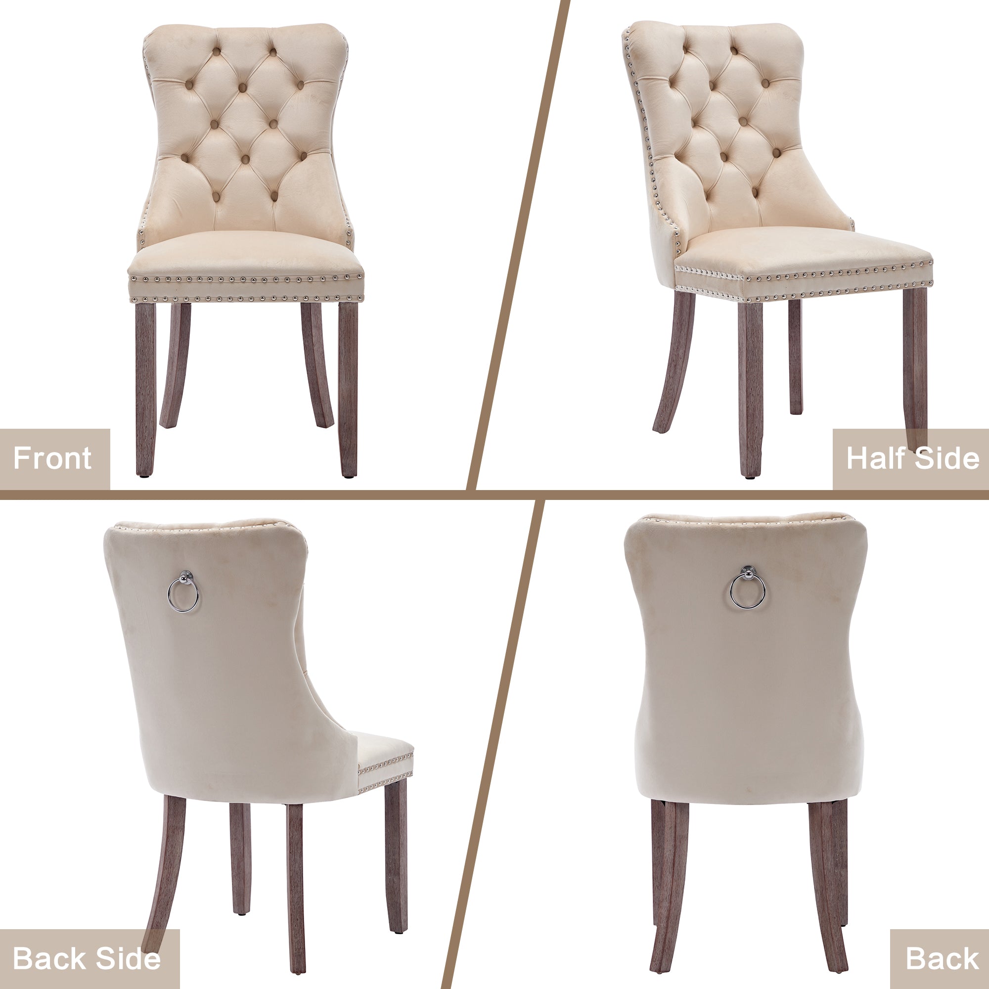 (Old SKU: PP311356AAW-6) Modern Set of 6 Upholstered Velvet Dining Chairs, Button Tufted Kitchen Lounge Chairs with Brushed Wood Legs, Riveted Trim and Knocker Ring, for Dining Room Living Room, Beige