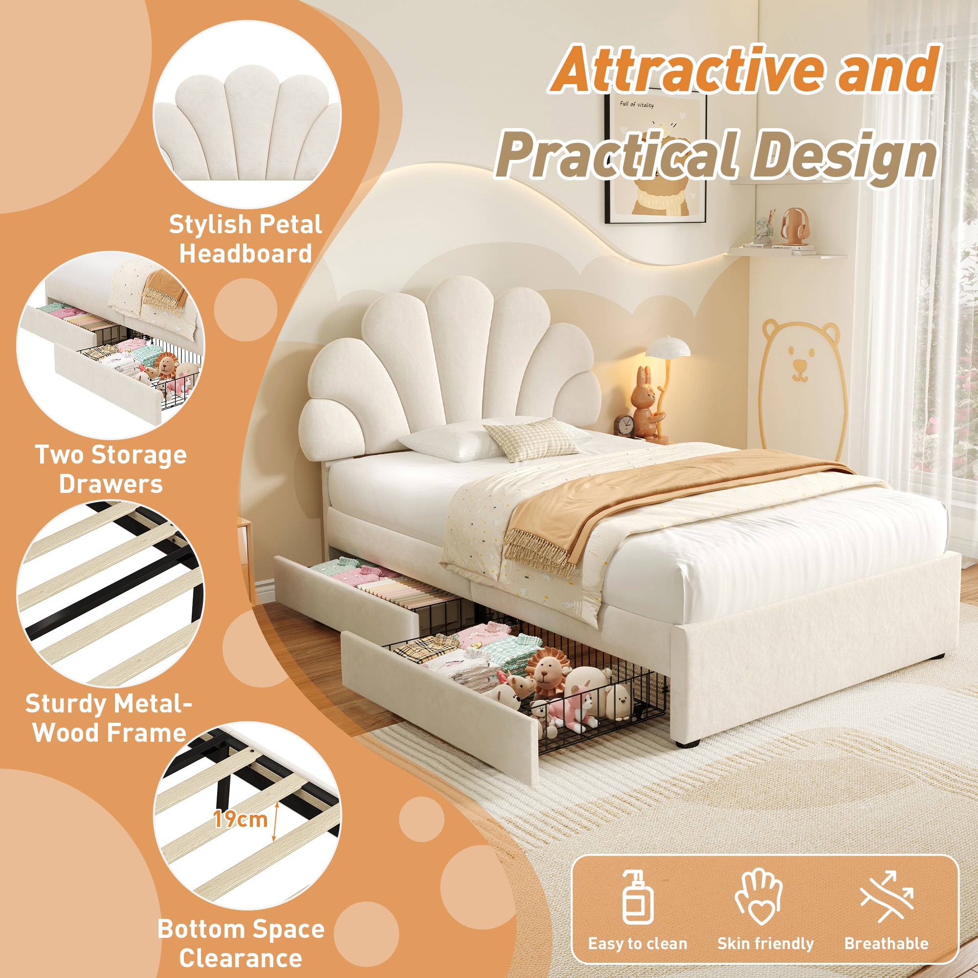3ft Single Upholstered Bed with Adjustable Chic Petal Headboard, Soft Velvet Bed Frame with 2 Storage Drawers, Petal Bed with Solid Wood Slat, No Box Spring Needed, Easy Assembly, Beige (No Mattress)