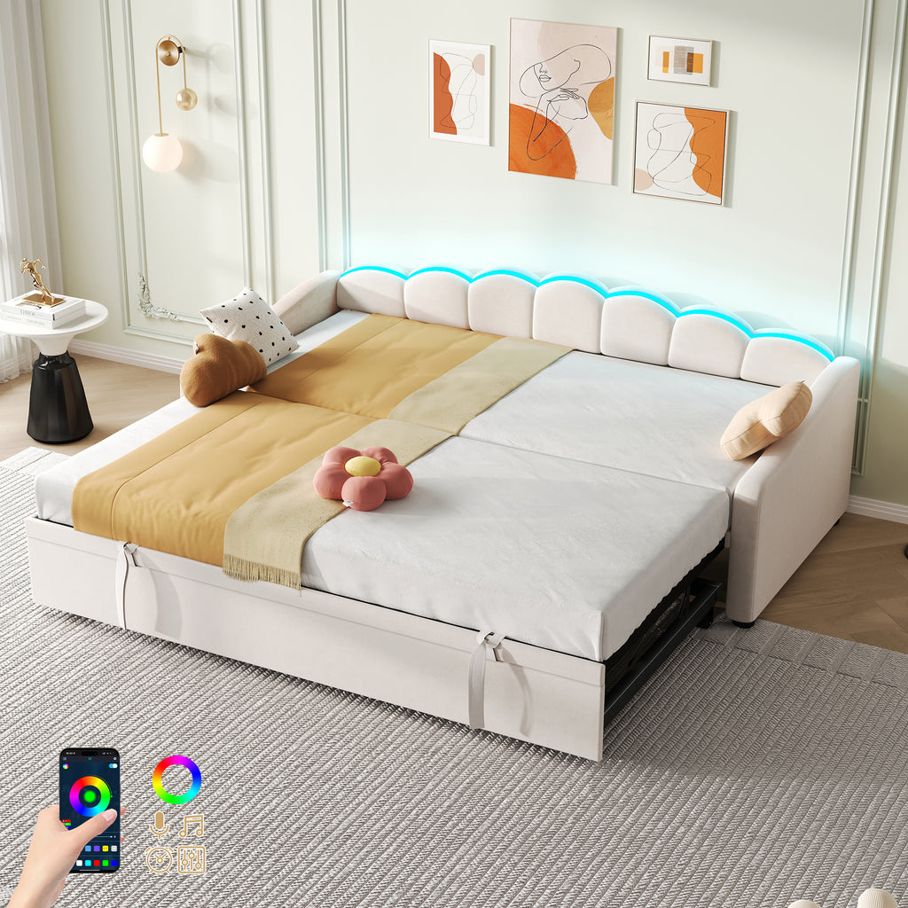 Upholstered Bed 90x190cm, Daybed, Sofa Bed with RGB LED Lighting, 3ft Petal Shape Single Bed with Trundle,Pull out Trundle Bed for Living Room/ Bedroom/ Study Room, Velvet, Beige (No Mattress)