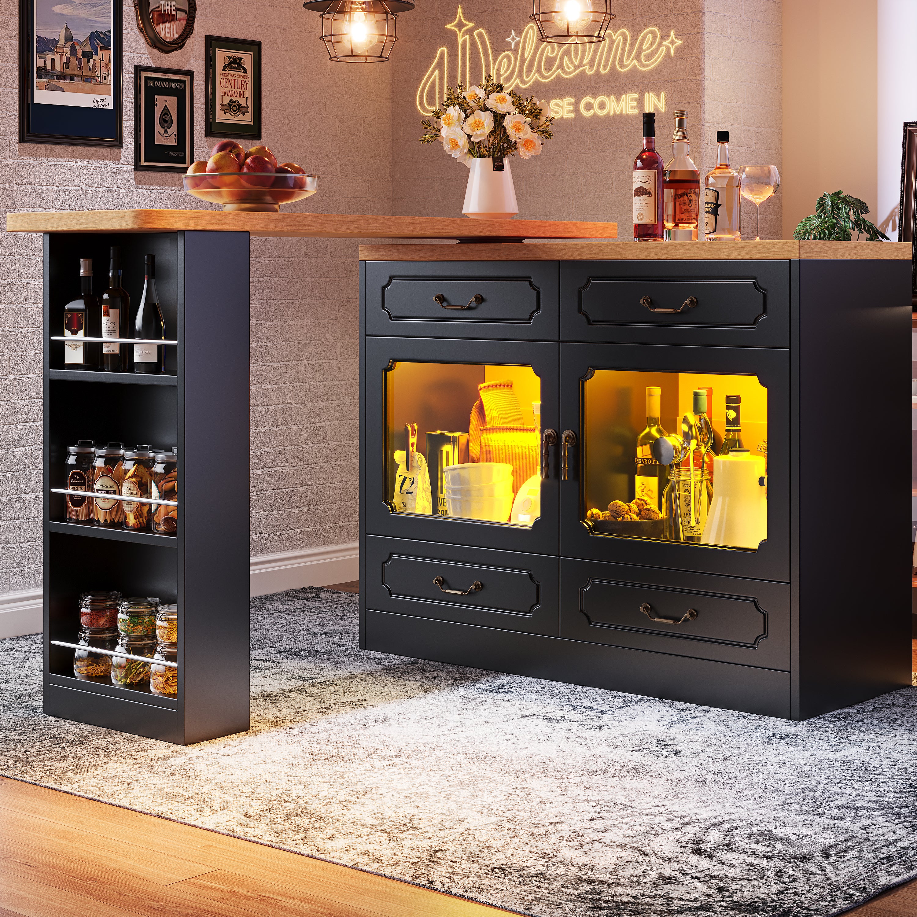 360° rotation, bar table (main body 135-203 x 39 x 92.8 cm), coffee bar furniture, rotatable dining bar with storage, kitchen island, double doors with four drawers, 3-tier open storage space, black
