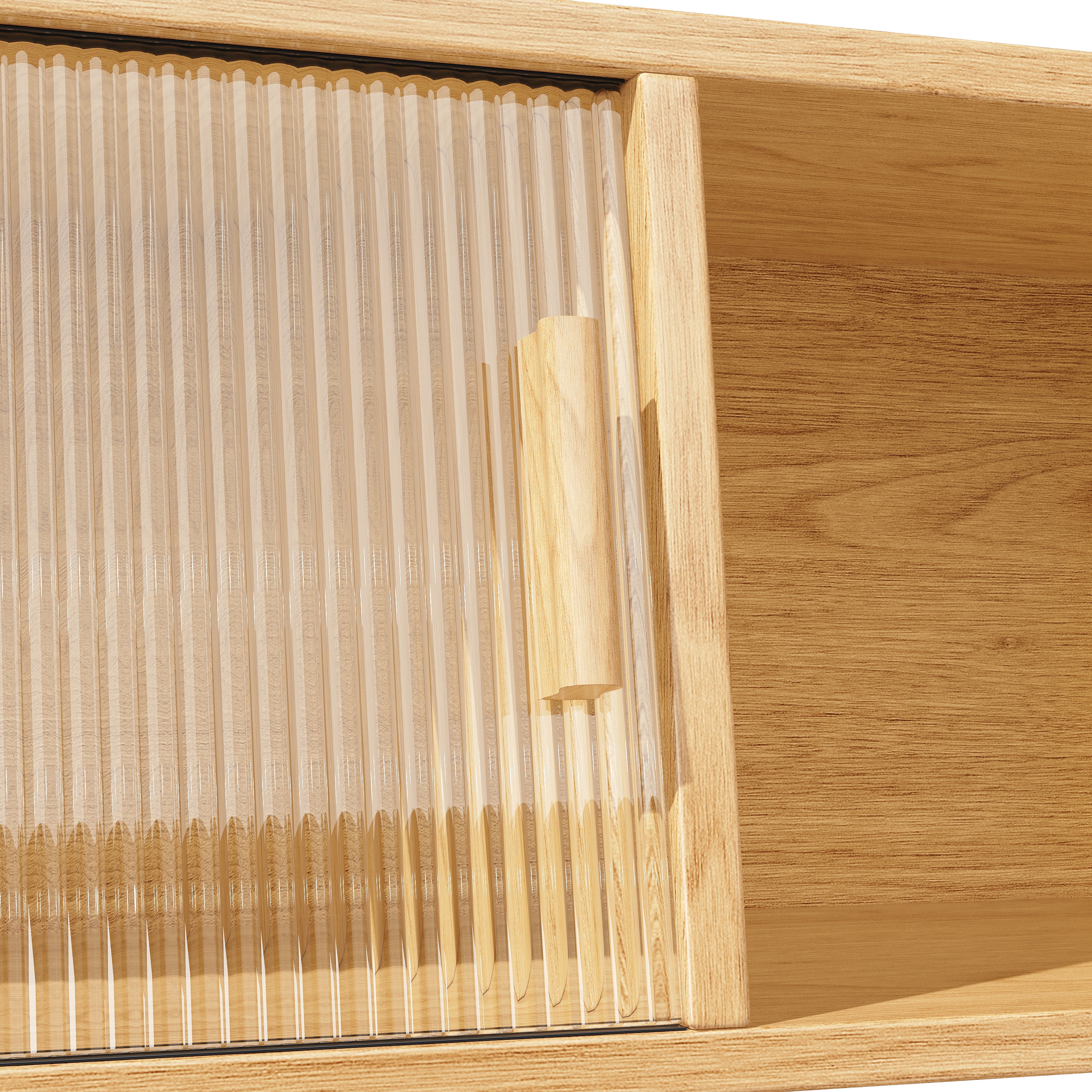 High-quality sideboard with rattan look and glass sliding doors, 174.5 cm high kitchen cabinet with storage space, natural wood/walnut look