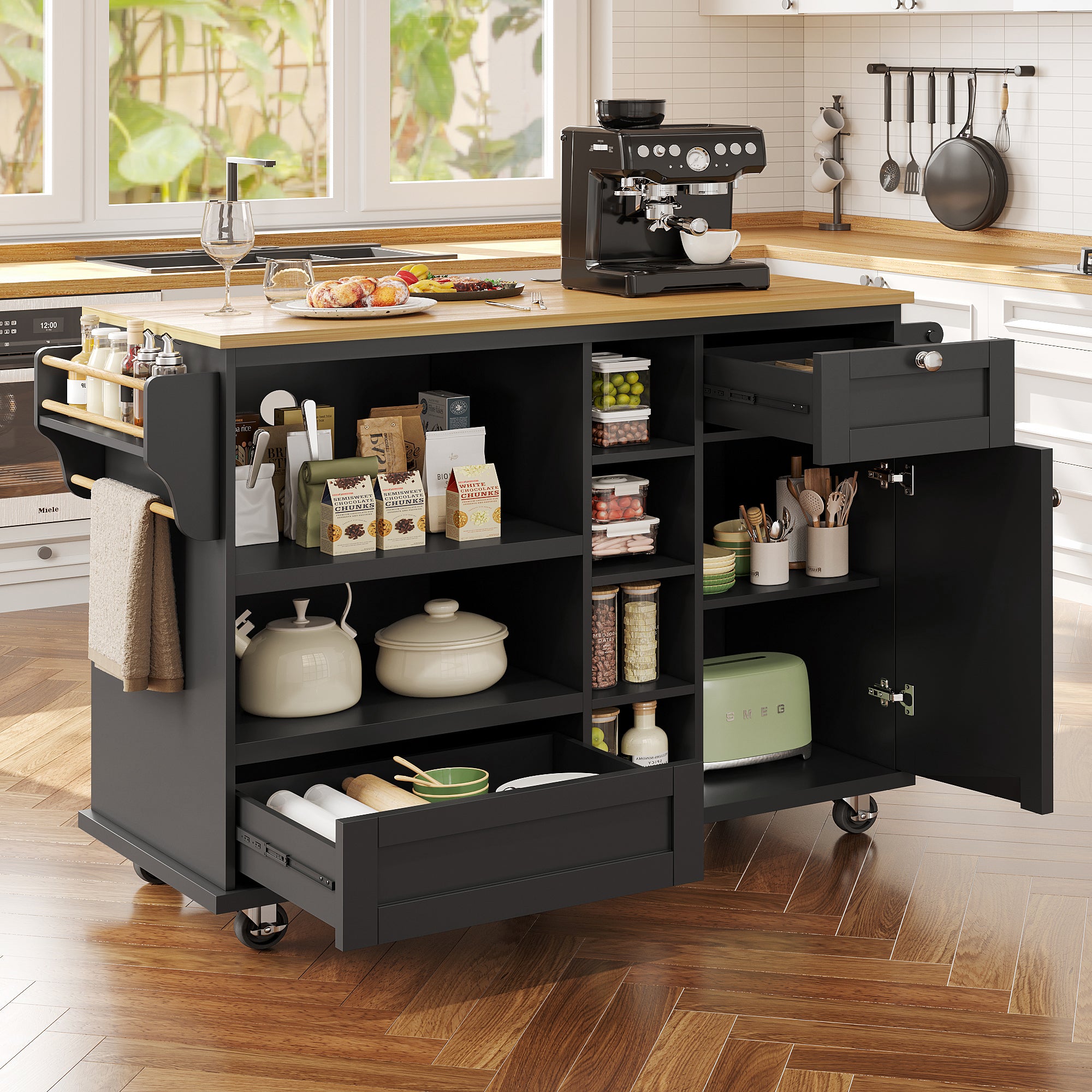 Dining trolley (129 x 46 x 92 cm), modern and simple black mobile kitchen dining trolley with drawers and storage cupboards, light brown wooden worktop, suitable for modern families, black