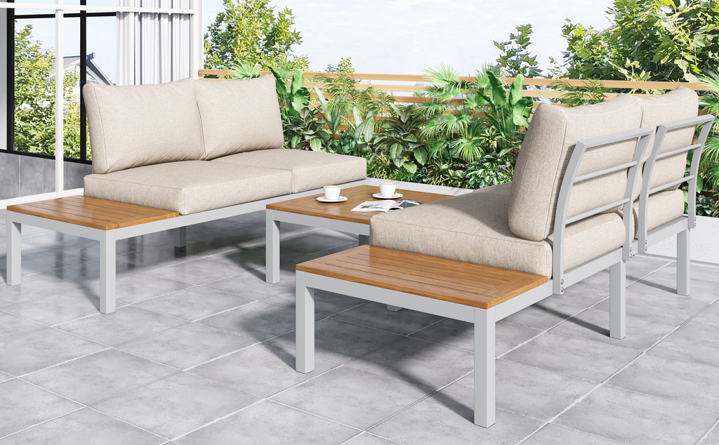 Outdoor Patio&Backyard Furniture Garden Lounge Set for 4 people, Space Saving Thick Quality L-Shaped Corner Sofa with Wooden Table, Beige