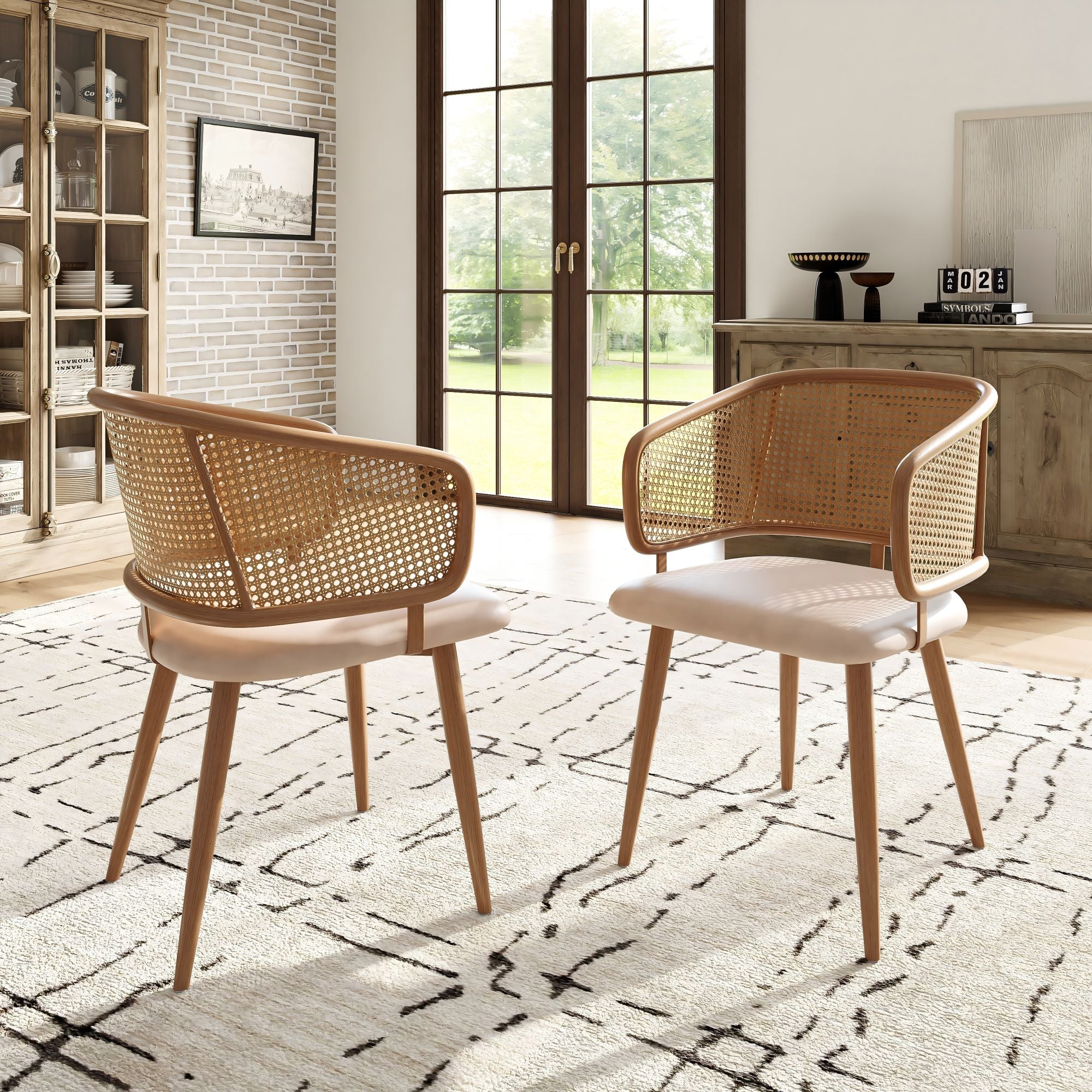 Modern Dining Chairs (2 pcs) with Rattan Backrest & PU Leather Seat, Breathable and Comfortable Dining Chairs for Restaurant, Living Room, Café , Contemporary Simple Style, Beige