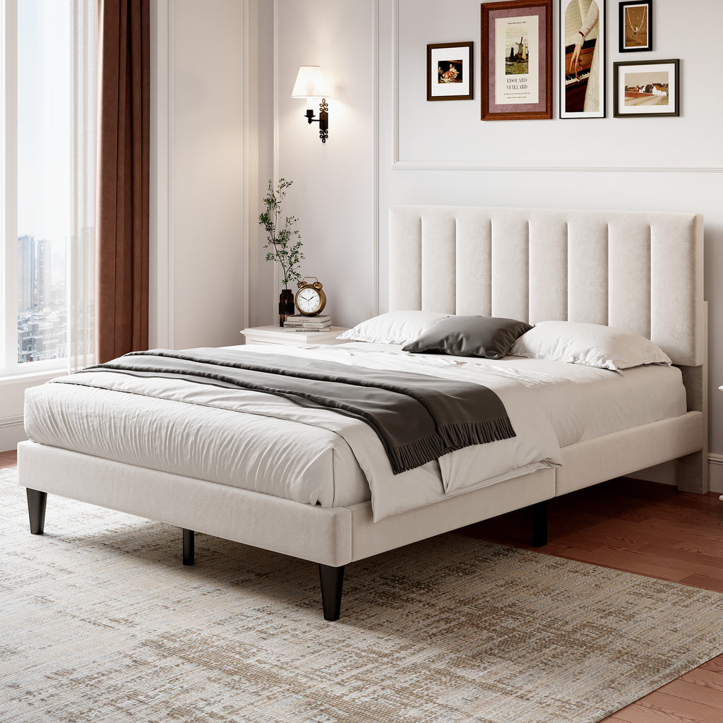 4ft6 Double Upholstered Velvet Bed Frame, with Adjustable Channel Tufted Headboard, Velvet Platform Bed Frame with Solid Wood Slat and Mute Foam, No Box Spring Needed, Easy Assembly, Beige