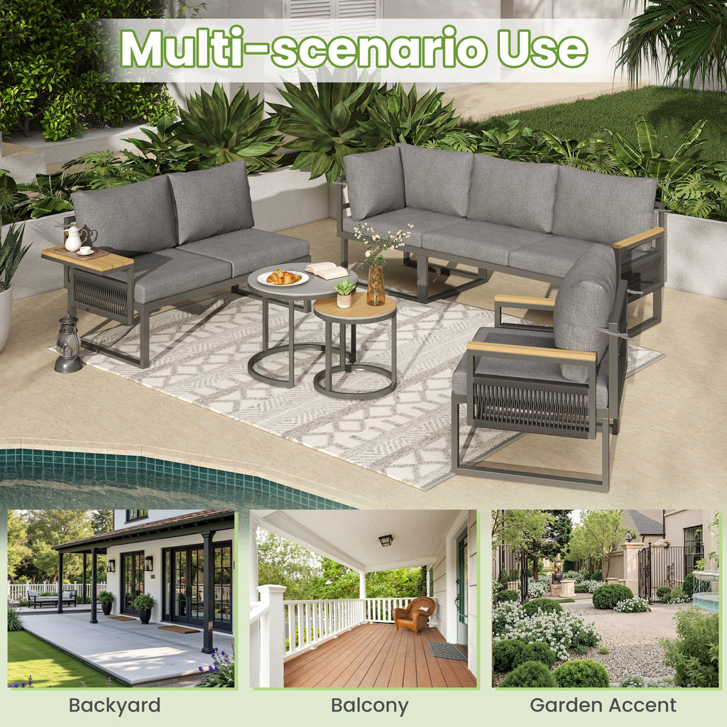 5-6 Seater Garden Furniture Set, Rope Woven Outdoor Corner Sofa with Matching Armchair, 2 Nesting Tempered Glass Coffee Tables and Adjustable Handrail Trays, Patio Lounge Set, Linen, Grey