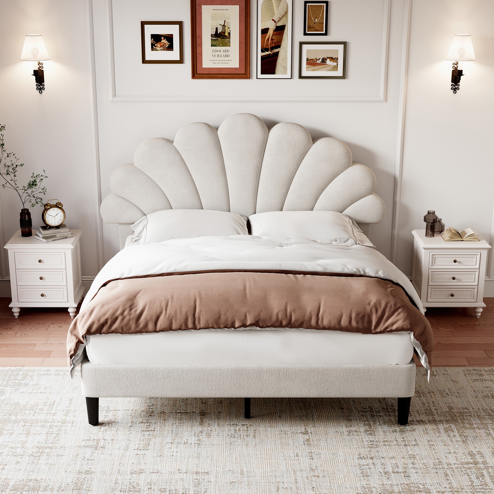 4ft6 Double Upholstered Velvet Bed Frame, with Adjustable Chic Petal Headboard, Velvet Platform Bed Frame with Solid Wood Slat, No Box Spring Needed, Easy Assembly, Beige