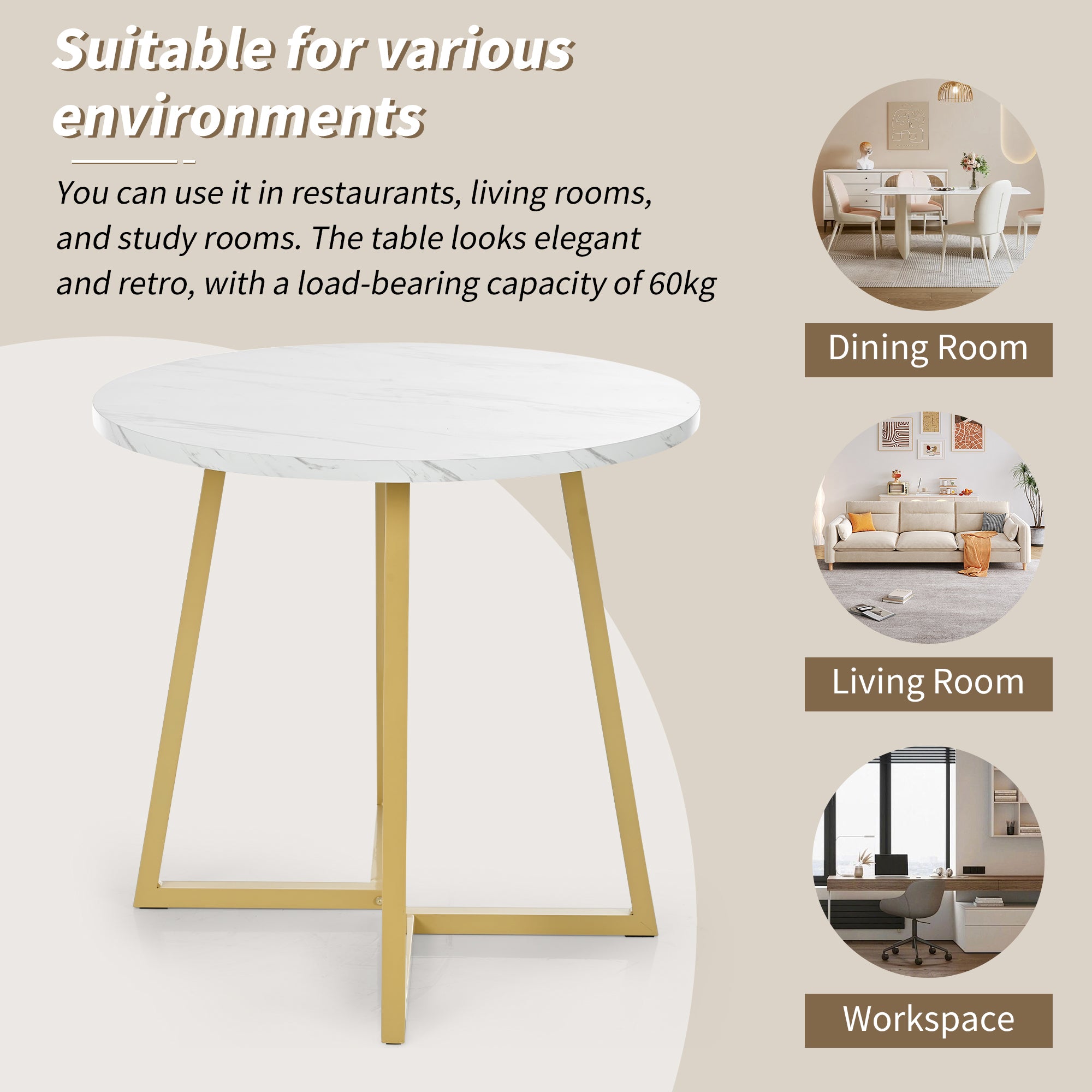 Dining Table Set (5 Pieces), Dining Table Set with 4 Chairs, Modern Kitchen Table Set, 80 cm Diameter Round Kitchen Table with Gold Metal Legs, White MDF Table Top, Dark Grey Velvet Dining Chairs