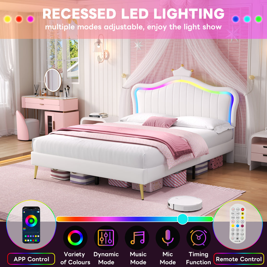4ft6 Double Upholstered Bed with LED Adjustable Crown Shape Headboard, PU Leather Bed Frame with Solid Wood Slat, No Box Spring Needed, Easy Assembly, Cream White (No Mattress)