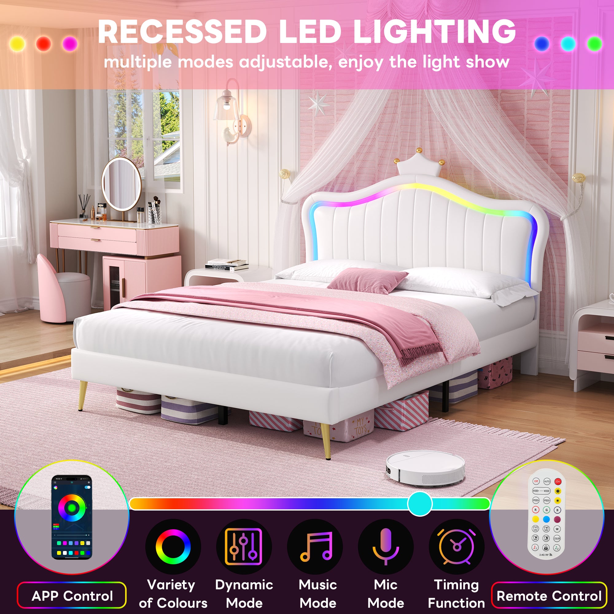 4ft6 Double Upholstered Bed with LED Adjustable Crown Shape Headboard, PU Leather Bed Frame with Solid Wood Slat, No Box Spring Needed, Easy Assembly, Cream White (No Mattress)