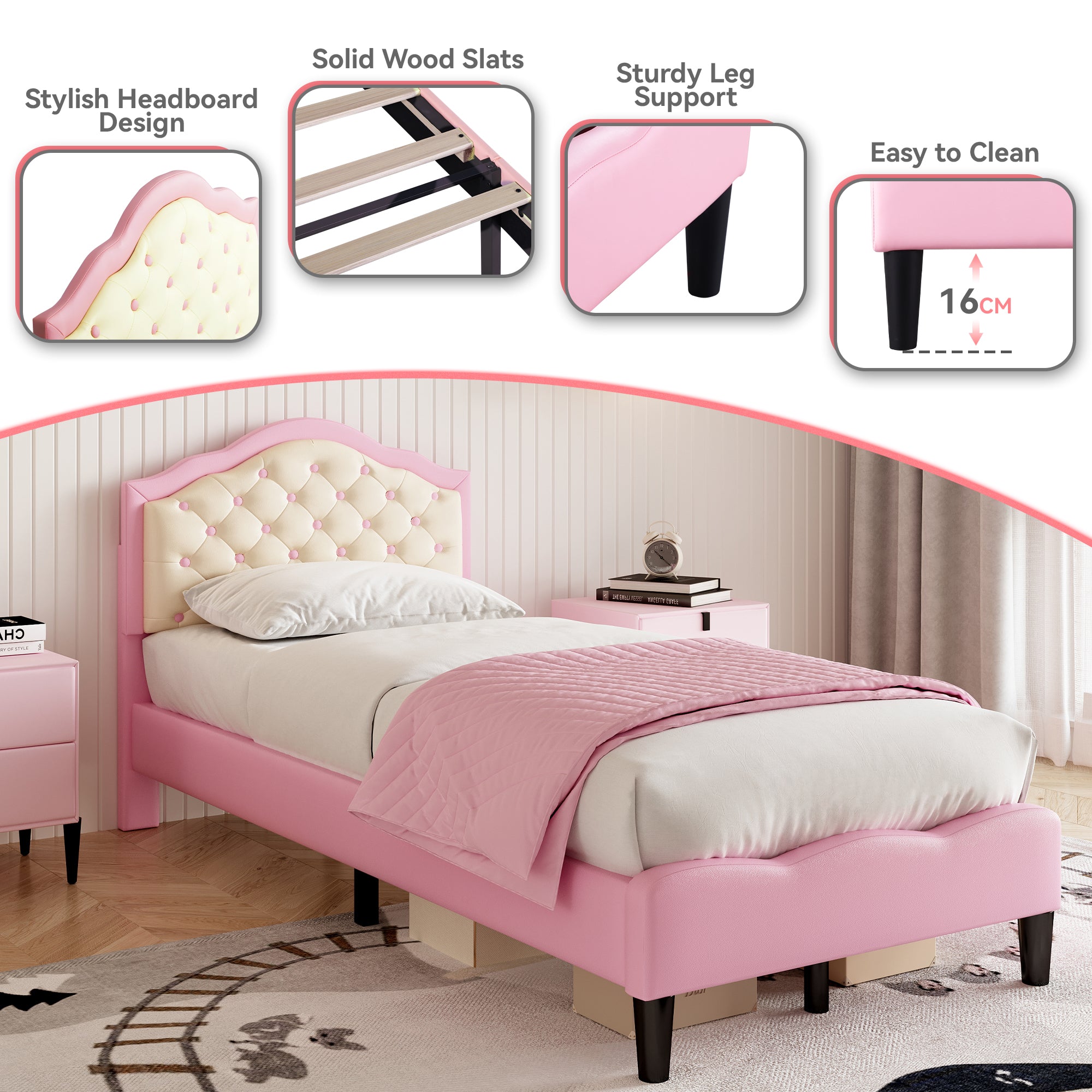 3ft Single Upholstered Bed Frame with Adjustable Chic Button-Tufted Headboard, PU Faux Leather Bed Frame with Solid Wood Slat, No Box Spring Needed, Easy Assembly, Pink+Beige (No Mattress)