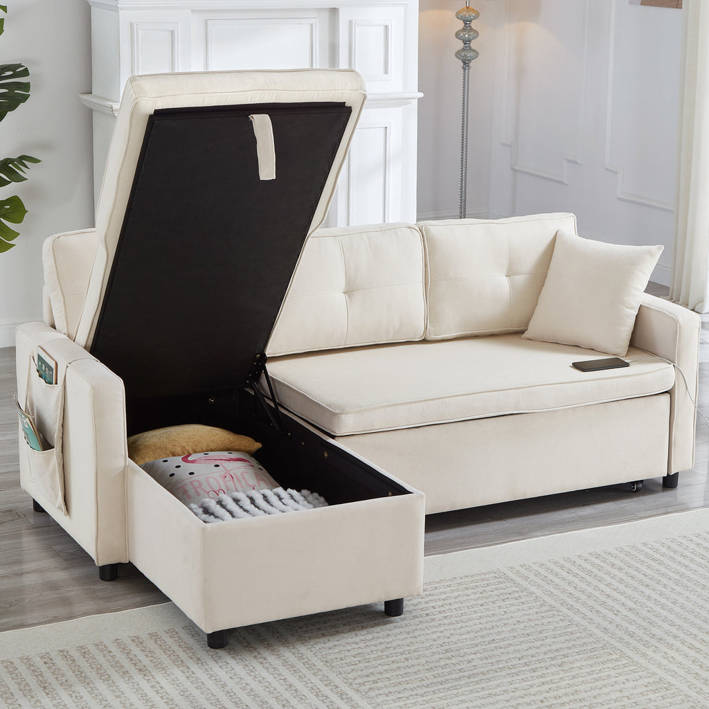 L-Shaped Pull Out Sleep Sofabed, Modern Reversible Sleeper Sectional Sofa, 3 in 1 Convertible Sofa Bed with Storage Chaise, Drop-Down Table, Cup Holders and Charging Ports (USB & Type-C), Beige
