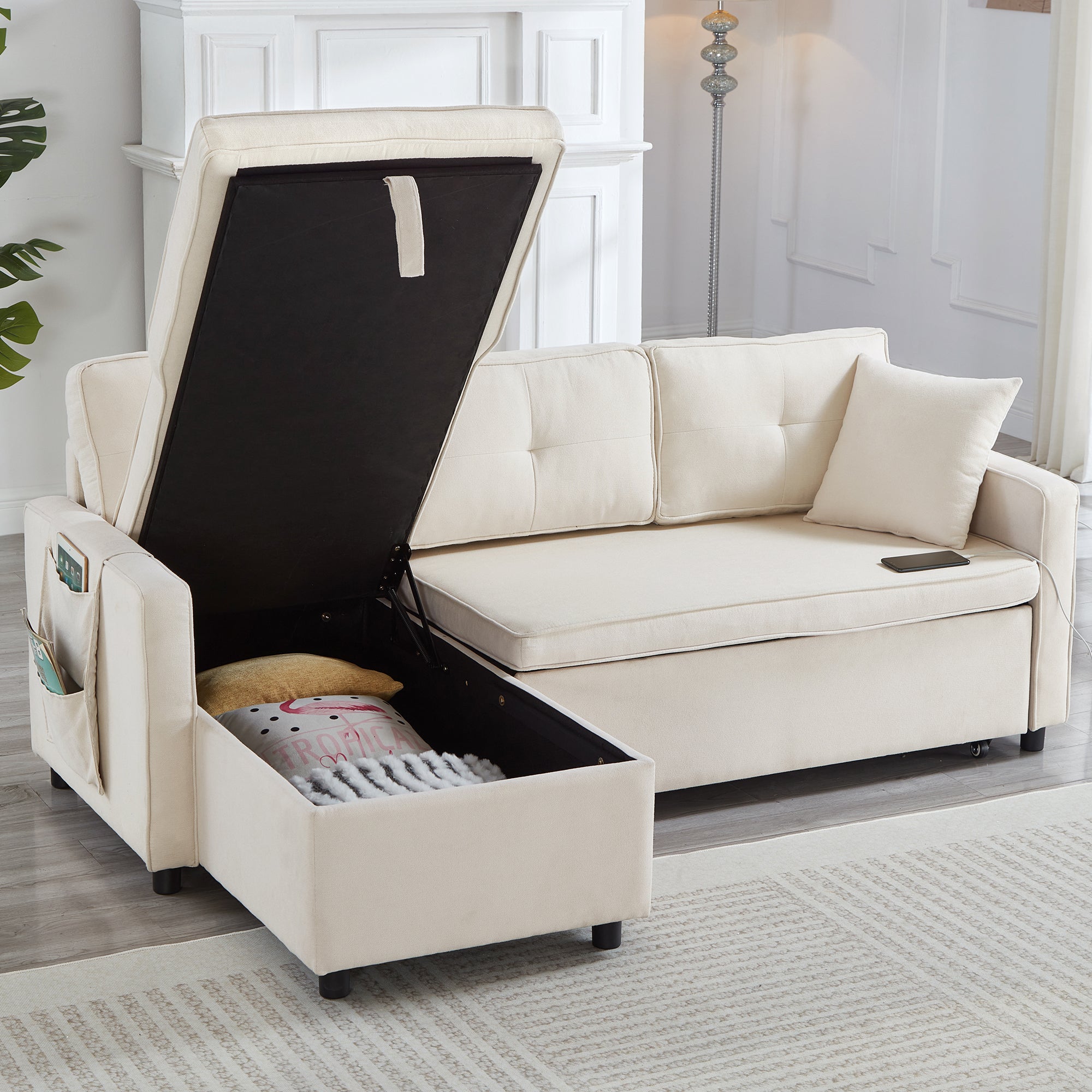 L-Shaped Pull Out Sleep Sofabed, Modern Reversible Sleeper Sectional Sofa, 3 in 1 Convertible Sofa Bed with Storage Chaise, Drop-Down Table, Cup Holders and Charging Ports (USB & Type-C), Beige