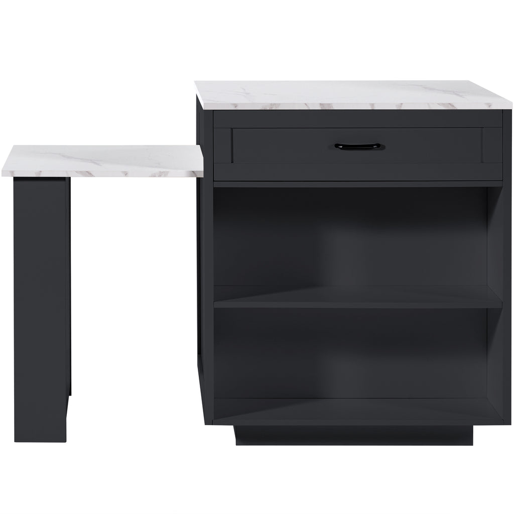 Extendable Bar Table with Storage (133–202 × 70 × 93.5 cm), with Two Drawers and Four Compartments, Expandable Kitchen Island Table for 2–6 People, Kitchen Dining Cart with Side Shelves, Black.