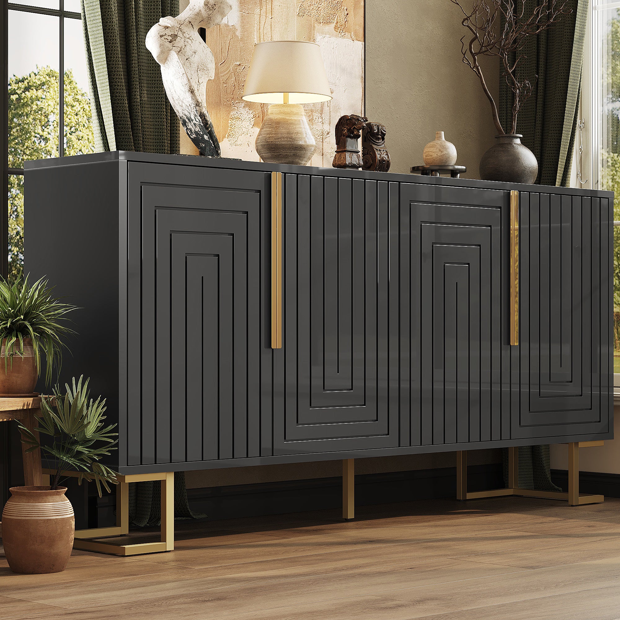 Black sideboard (152 x 40 x 75 cm) features a unique geometric design and gold handles and feet for an elegant feel