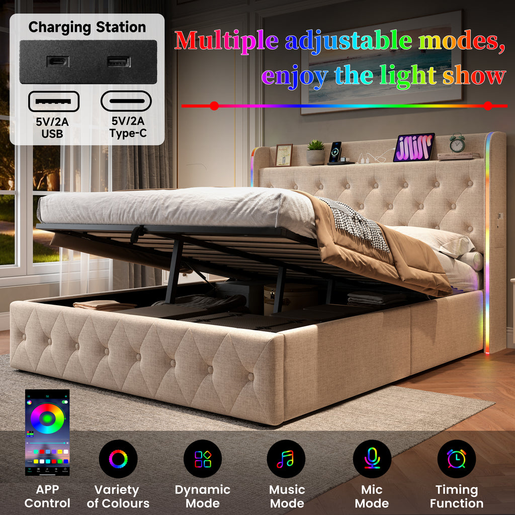 4ft6 Double Upholstered Bed Frame with Hydraulic Storage, LED Headboard with Charging Station and Button-tufted Design, USB and Type-C Ports, Linen, No Box Spring Needed, Beige (No Mattress)