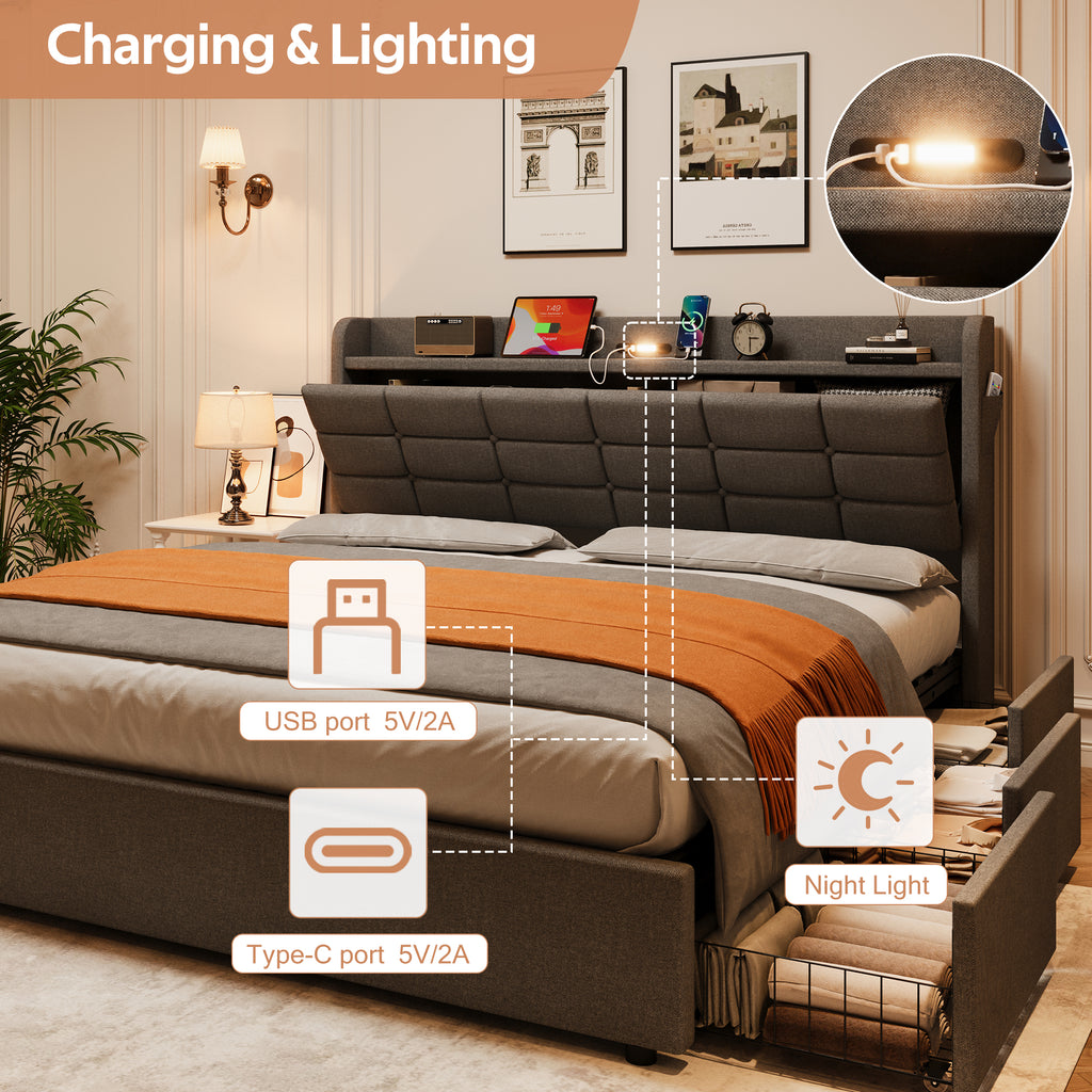 5ft King Bed Frame with Hydraulic Storage, Linen Upholstered  Bed with Concealed Headboard Storage and Drawers, Button Tufted Headboard with Charging Station and LED Night Light, Grey (No Mattress)