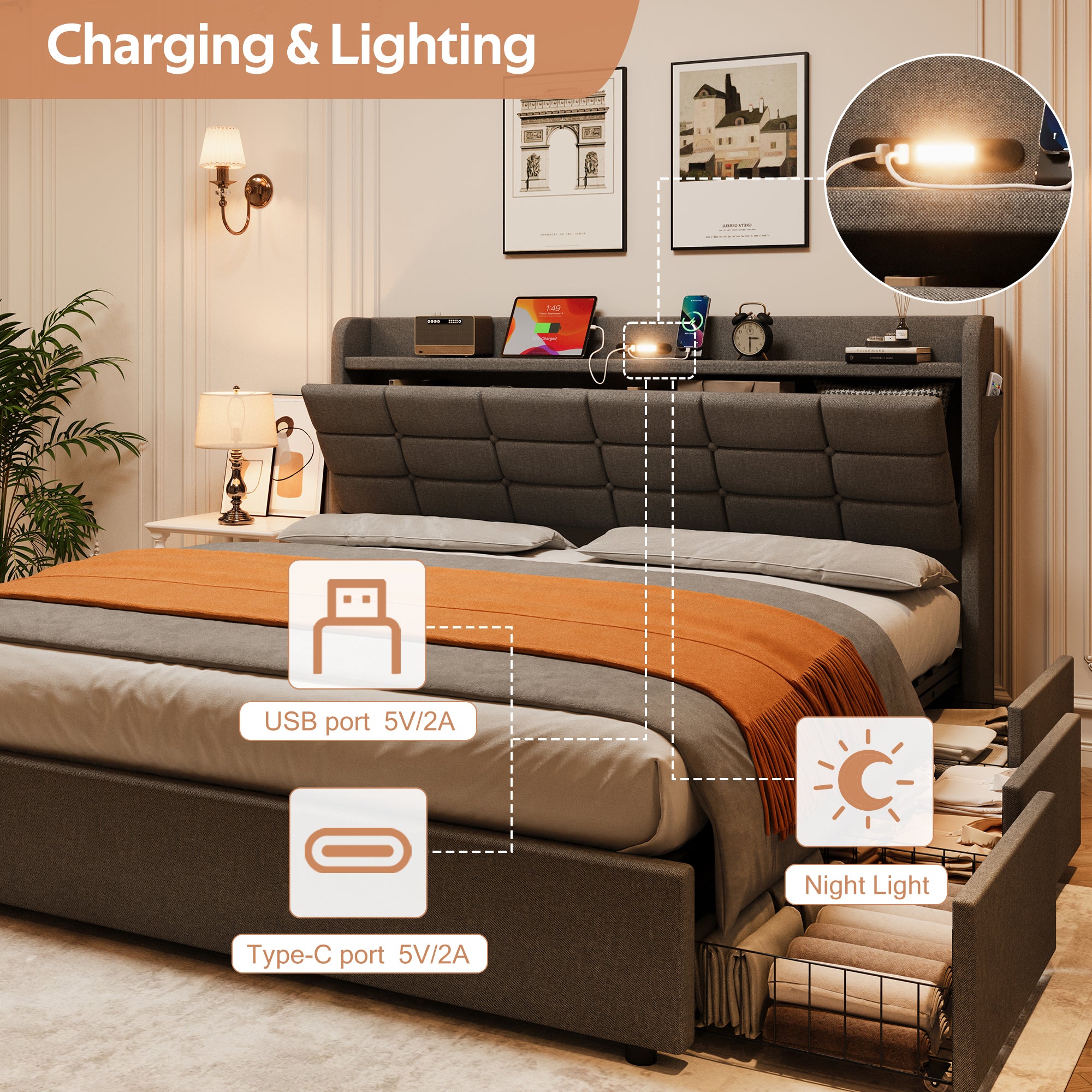 5ft King Bed Frame with Hydraulic Storage, Linen Upholstered  Bed with Concealed Headboard Storage and Drawers, Button Tufted Headboard with Charging Station and LED Night Light, Grey (No Mattress)