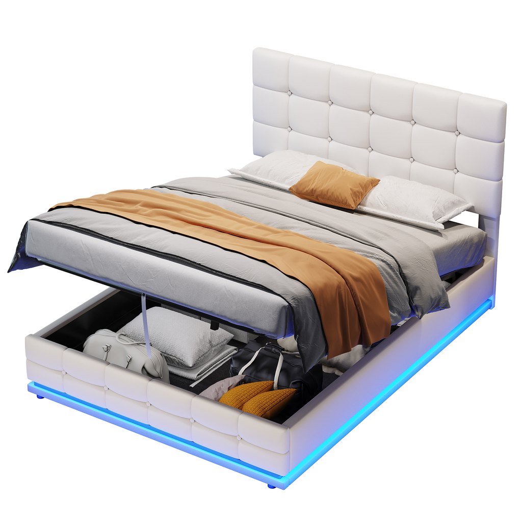 Ottoman Double Bed with LED Lighting, PU Leather Upholstered Bed with Hydraulic Storage, 4ft6 Double Bed Frame with Adjustable Button Tufted Headboard, Cream White (No Mattress)