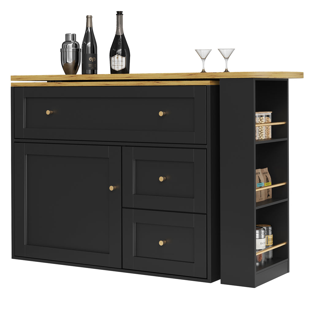 Extendable bar table with storage space (138-204×39×105cm), kitchen cabinet, sideboard with snack shelf, telescopic bar table, high table, bistro table, high table, kitchen island, black