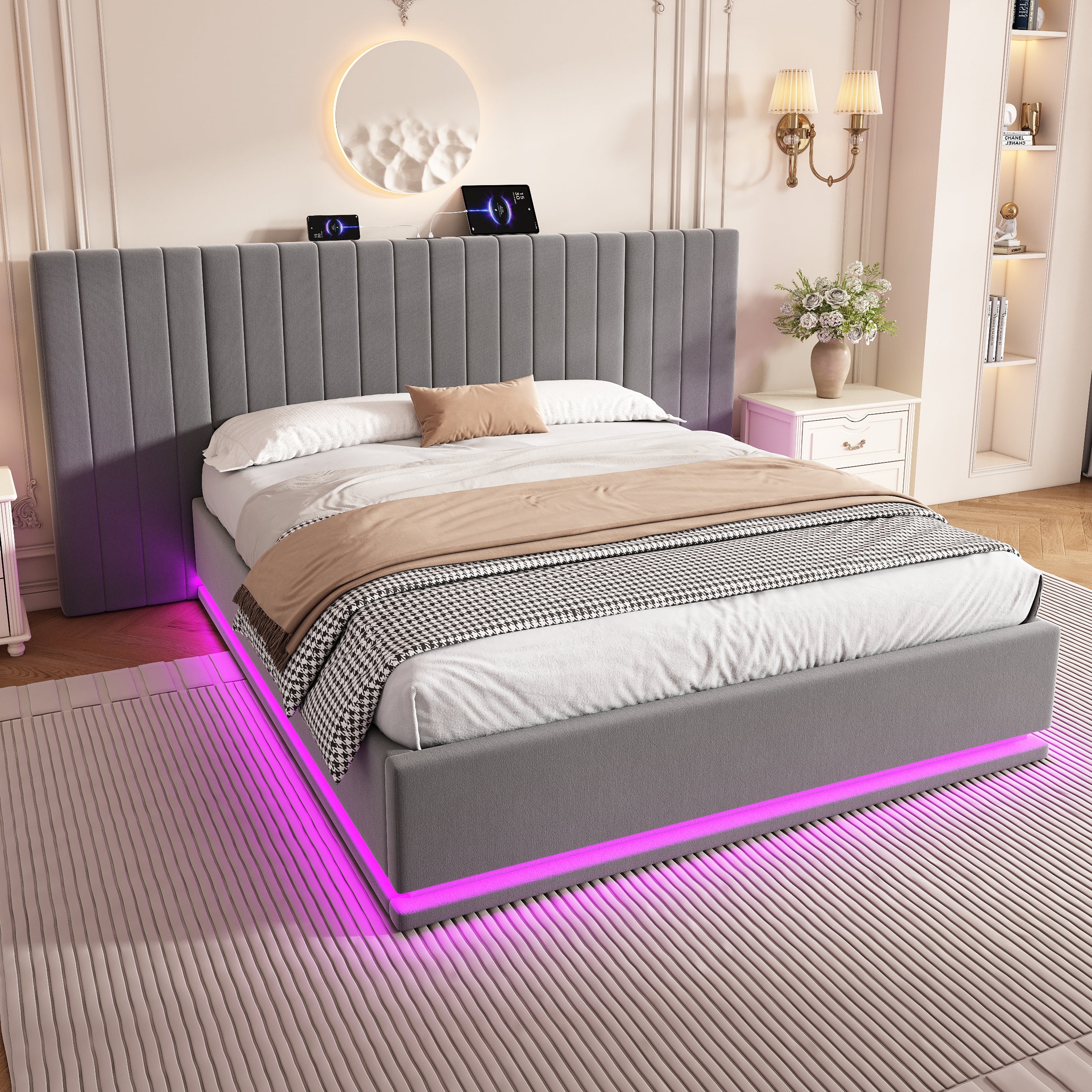 King Ottoman Bed with LED Lighting, Velvet Hydraulic Storage Bed with Charging Station, 5ft King Bed Frame Channel Tufted with Wide Headboard, USB and Type - C Ports, Grey (No Mattress)