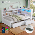 3ft Single Daybed with Two Storage Drawers and Beside Storage, LED Modern Bed frame with Charging Station, Wood Bed for Living Room/ Bedroom/ Study Room, 90X190cm, Easy Assembly, White (No Mattress)