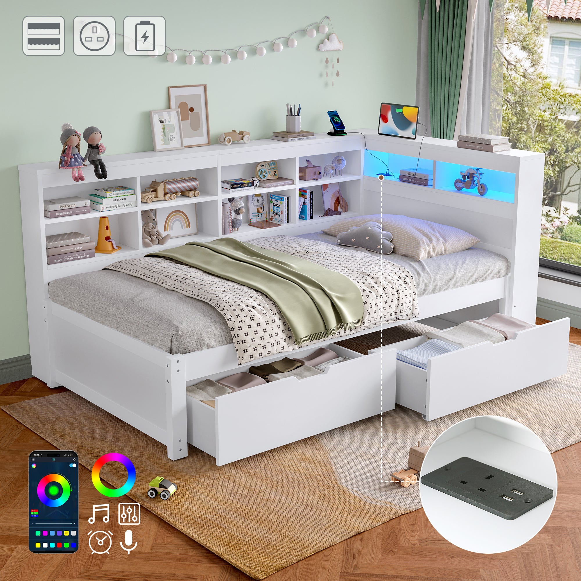 3ft Single Daybed with Two Storage Drawers and Beside Storage, LED Modern Bed frame with Charging Station, Wood Bed for Living Room/ Bedroom/ Study Room, 90X190cm, Easy Assembly, White (No Mattress)