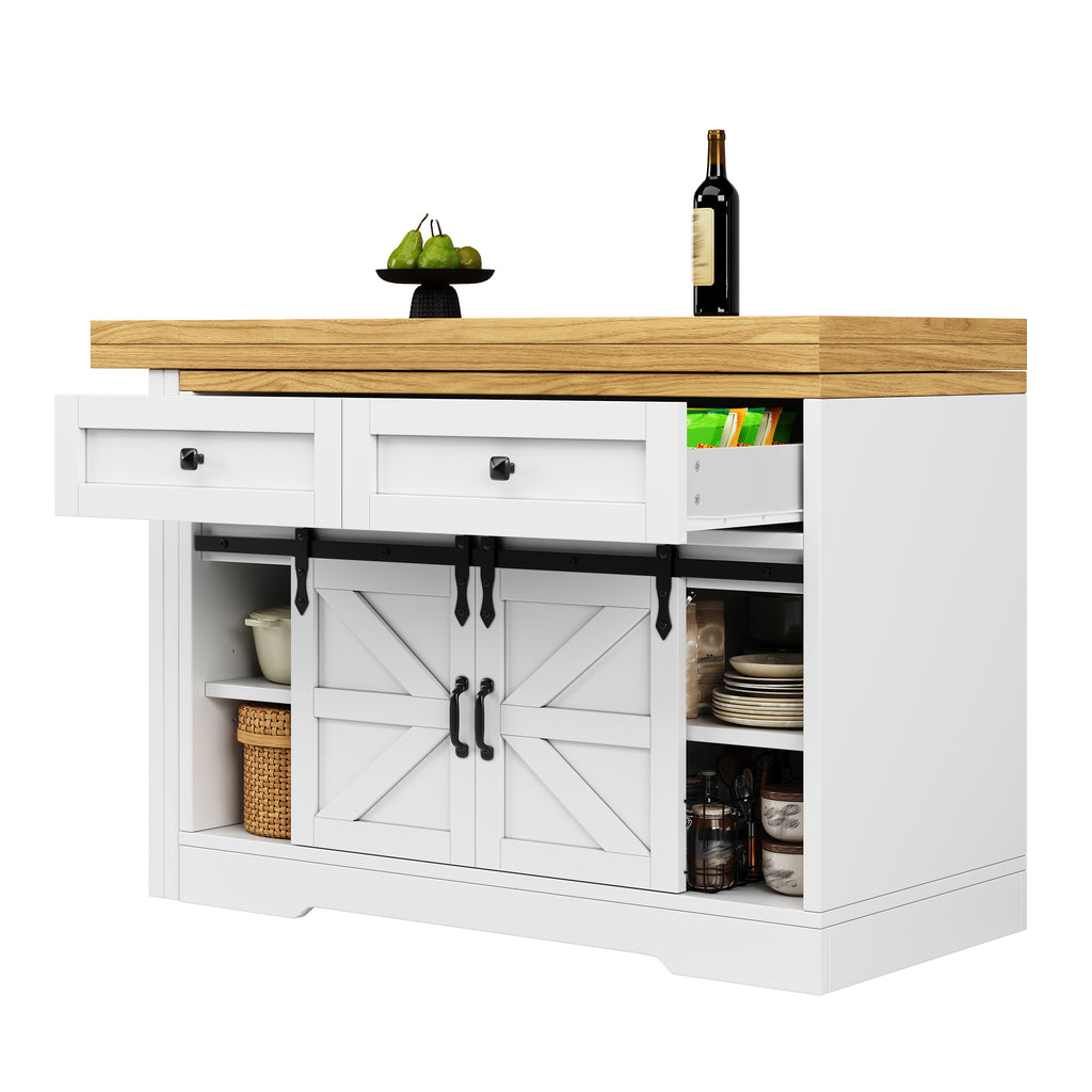 Extendable Sideboard & Dining Table Combo, Kitchen Storage Cabinet with Adjustable Shelves & Drawers, Multi-Functional & Space-Saving , White