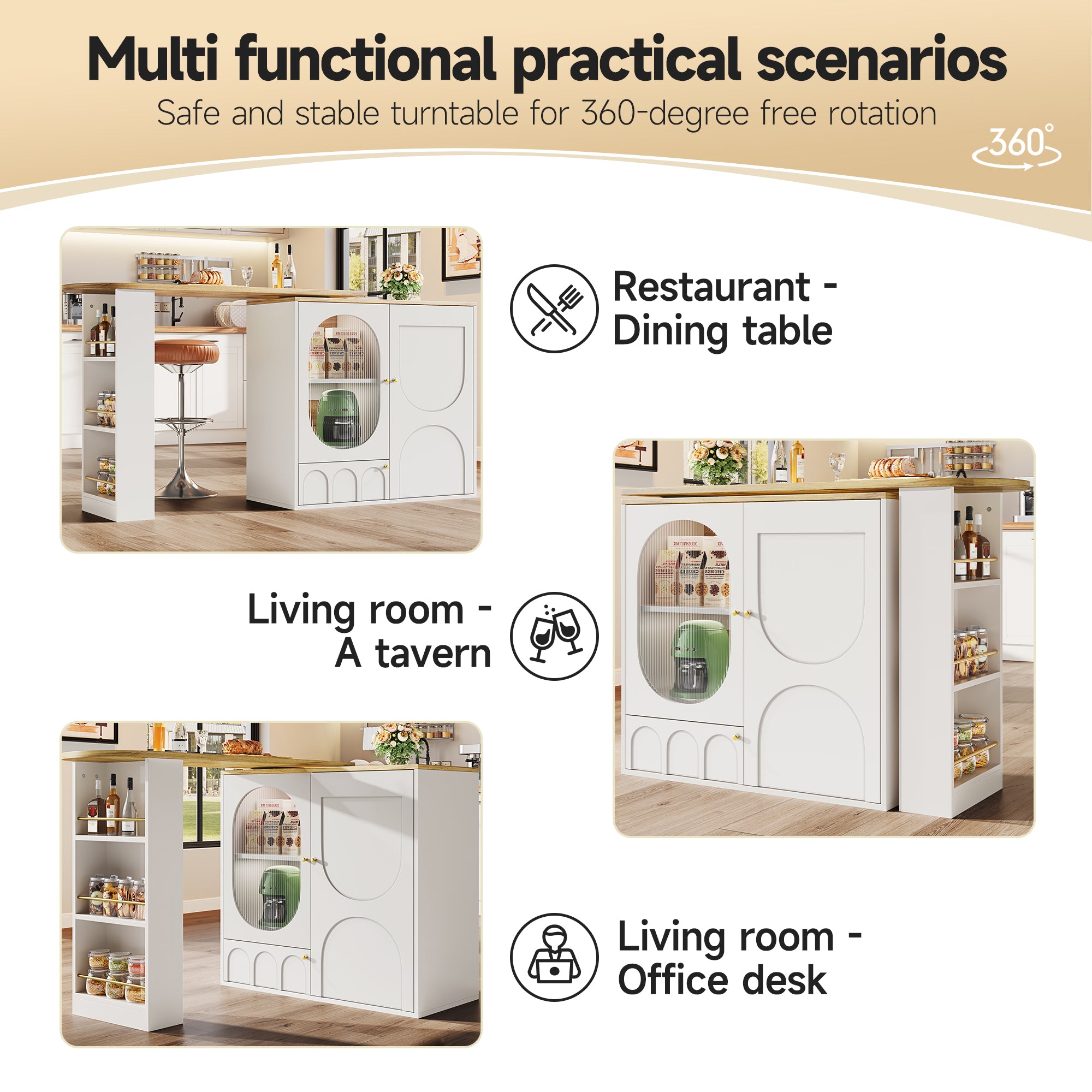 360° rotating bar table (body 138 x 39 x 105 cm), coffee bar furniture, rotating dining table with storage space, kitchen island, two doors with shelves, sideboard, buffet, white