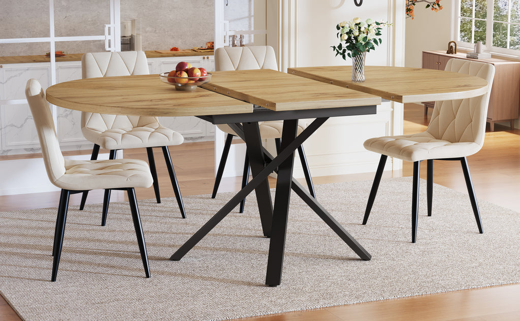 Extendable dining table 100-140cm, round-oval table, stable X-metal frame, adjustable feet, wood look