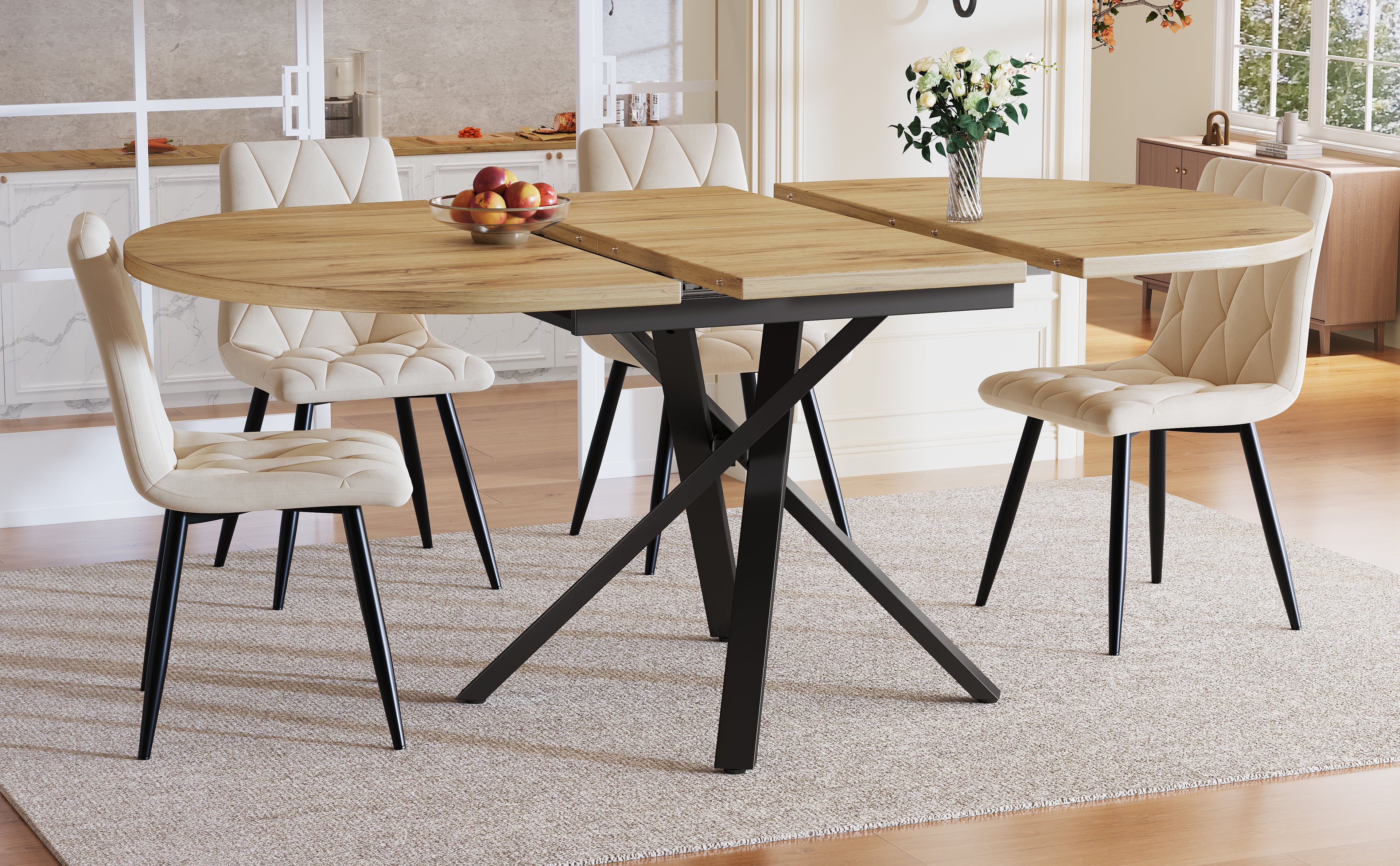 Extendable dining table 100-140cm, round-oval table, stable X-metal frame, adjustable feet, wood look