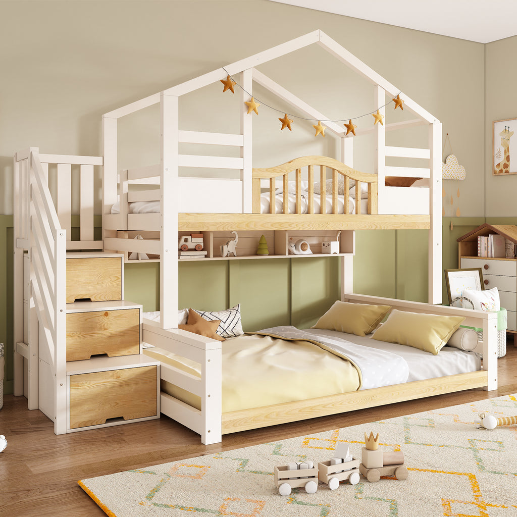 Bunk Beds for Kids, Staircase Bunk with Storage Space, Small House-shaped Children's Bed, Double Bunk Bed for Family with Multiple Children, (90+135) x 190 cm, Solid Wood, White & Natural