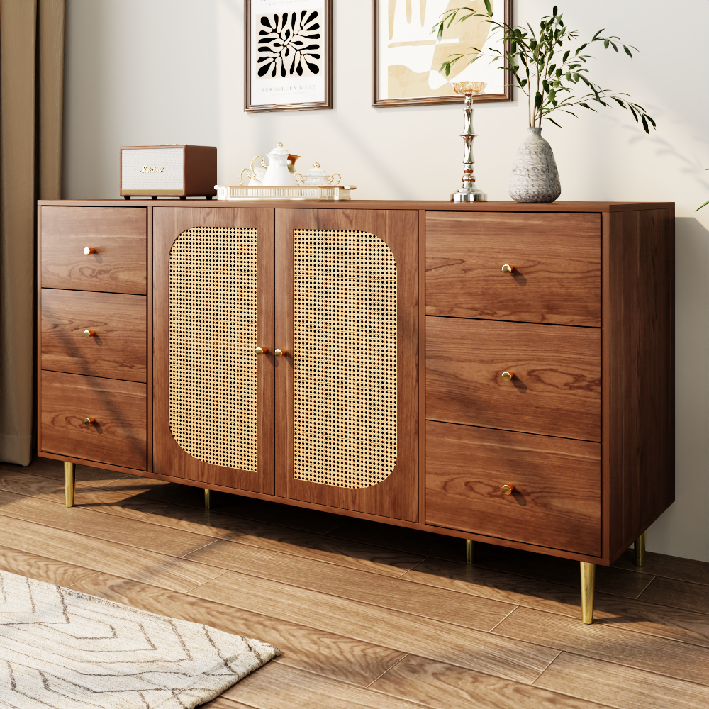 Modern sideboard 160*40*90cm, rattan door design, with 6 drawers, wooden texture, gold metal legs, dining room living room storage cabinet