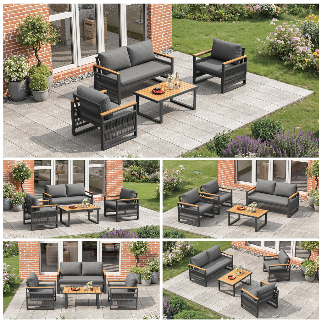 4 Seater Garden Set with Plastic Wood Coffee Table & Handrail, Polyester Rope Outdoor Set with Sofa and Armchairs, Weatherproof Outdoor Patio Sofa for Balcony and Terrace, Linen, Grey
