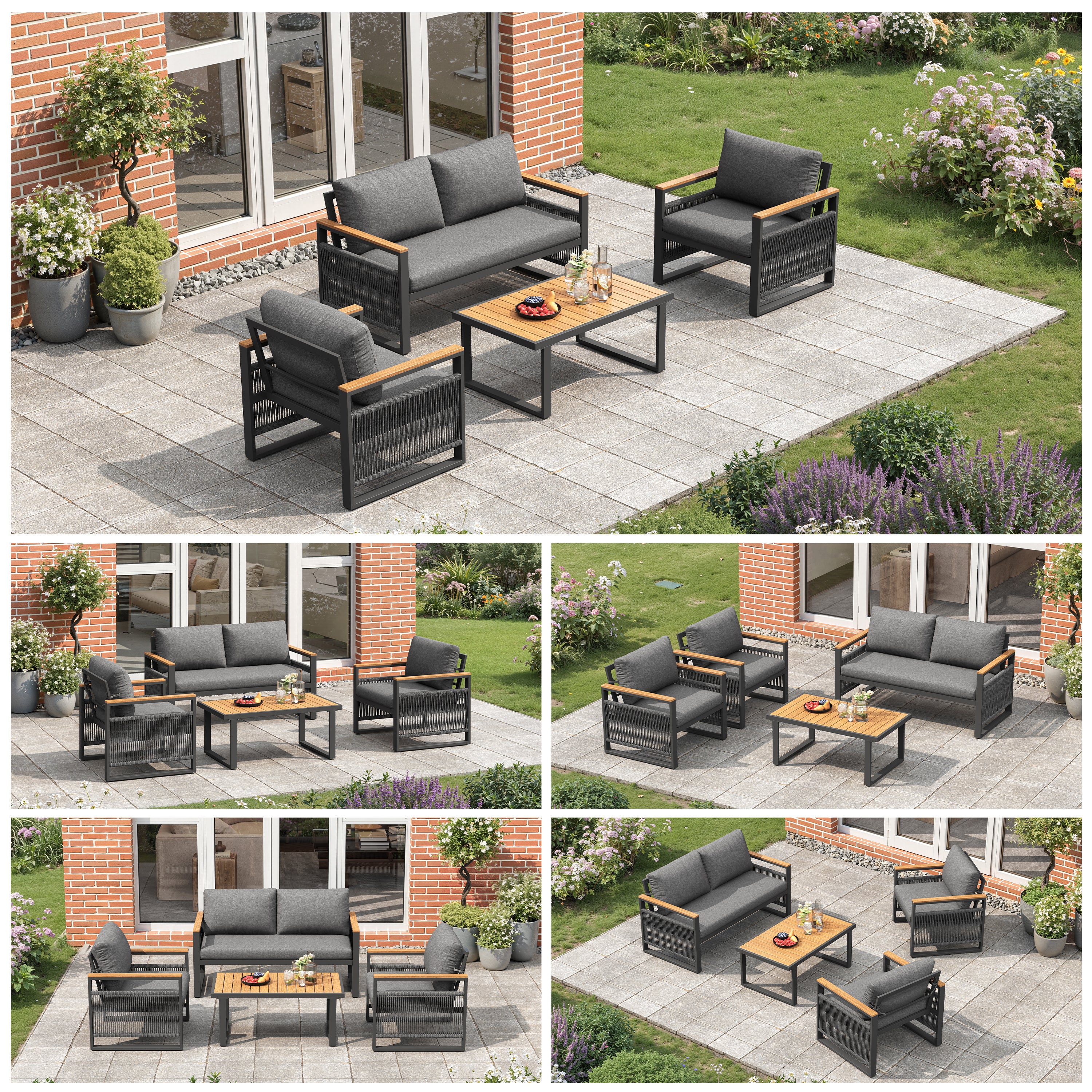 4 Seater Garden Set with Plastic Wood Coffee Table & Handrail, Polyester Rope Outdoor Set with Sofa and Armchairs, Weatherproof Outdoor Patio Sofa for Balcony and Terrace, Linen, Grey