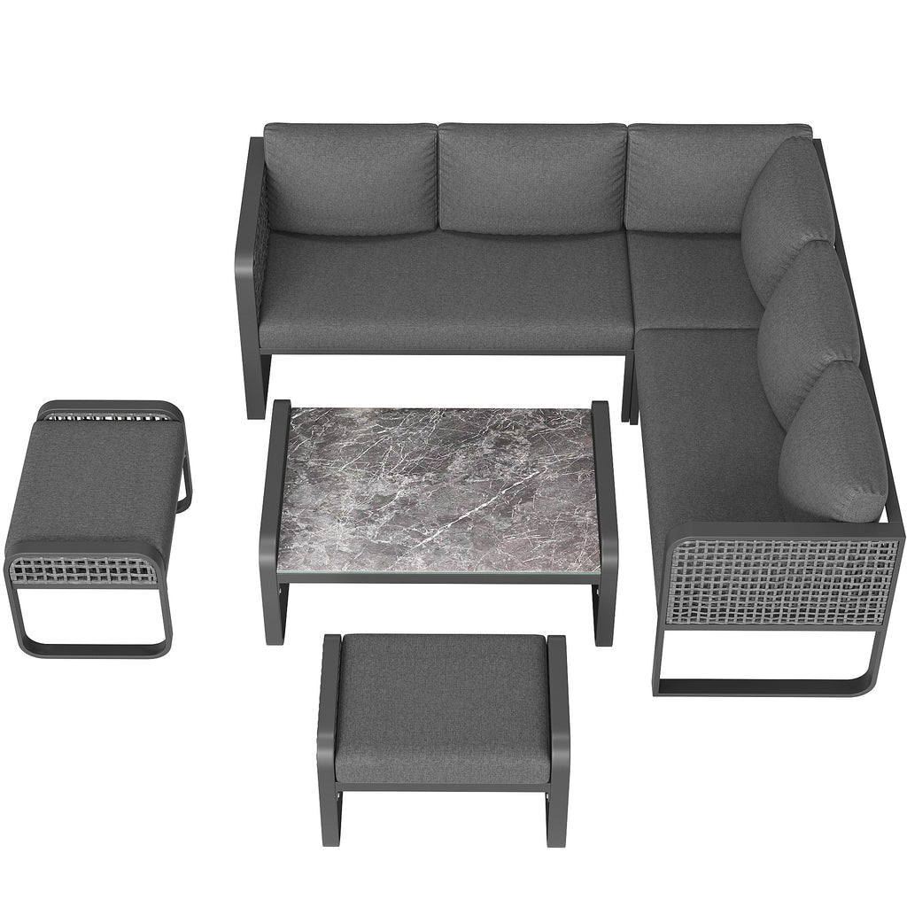Outdoor garden lounge set, rattan furniture set for 6-7 people, corner sofa with galvanised iron frame, adjustable legs, includes all seat and back cushions, grey