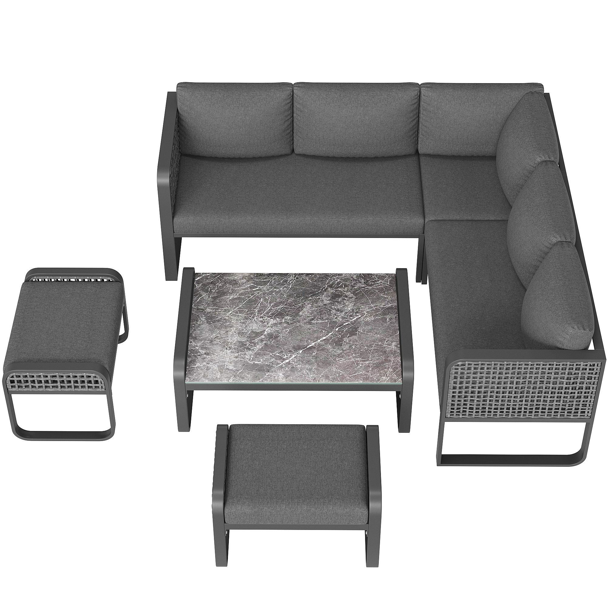 Outdoor garden lounge set, rattan furniture set for 6-7 people, corner sofa with galvanised iron frame, adjustable legs, includes all seat and back cushions, grey
