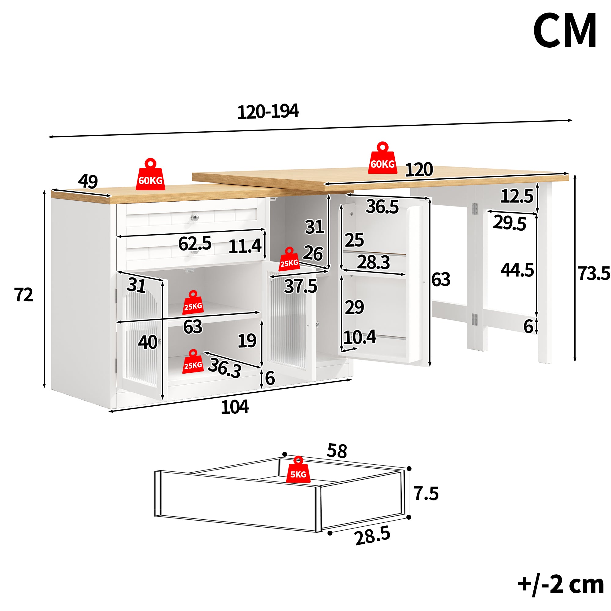 Extendable kitchen island dining table 120–194cm, 360° rotating tabletop, with glass doors, drawers & door snack shelves, white